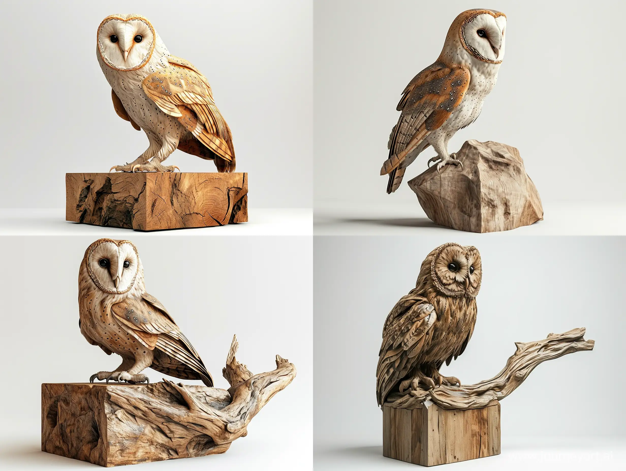 Professional sketch for wooden sculpture, a full-length owl full-face and in profile on a large wooden cube, professional dynamic character, front back view and side view, wood carving, white background, 8k Render, ultra realistic