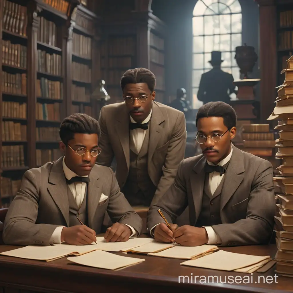 African-Americans dressed in 19th century style suits, wearing pince-nez, sitting in a library writing something by hand on pieces of paper, stacking them in stacks beside them. we see them in full.In the style of realism, 3D animation. 