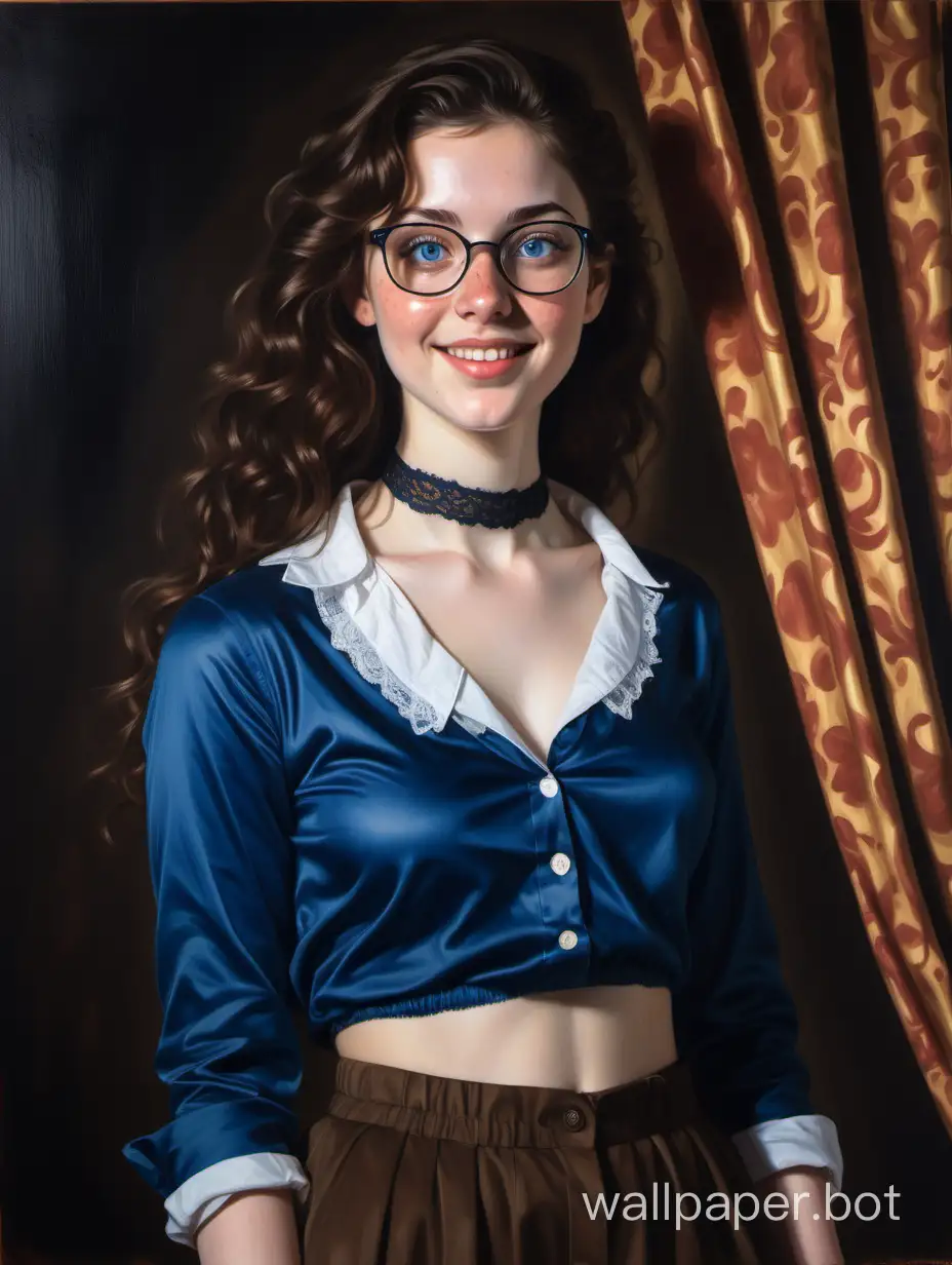 full body view, low angle view, painting of a beautiful young brunette woman standing, we see her from below, she is pretty, she has bright blue eyes, wearing big wide-framed glasses, she has pale skin, she has lots of freckles, she has long dark brown hair parted in the middle that falls in curtains, she has curly blunt bangs, she has a beautiful innocent face, she is wearing a dark blue lace choker, wearing an open-fronted button-down shirt, exposed chest, breasts, midriff, smiling, very cute, sharp jawline, cheek dimples, perfect, sense of wonder, warm colors, loose brushstrokes, Velazquez painting style
