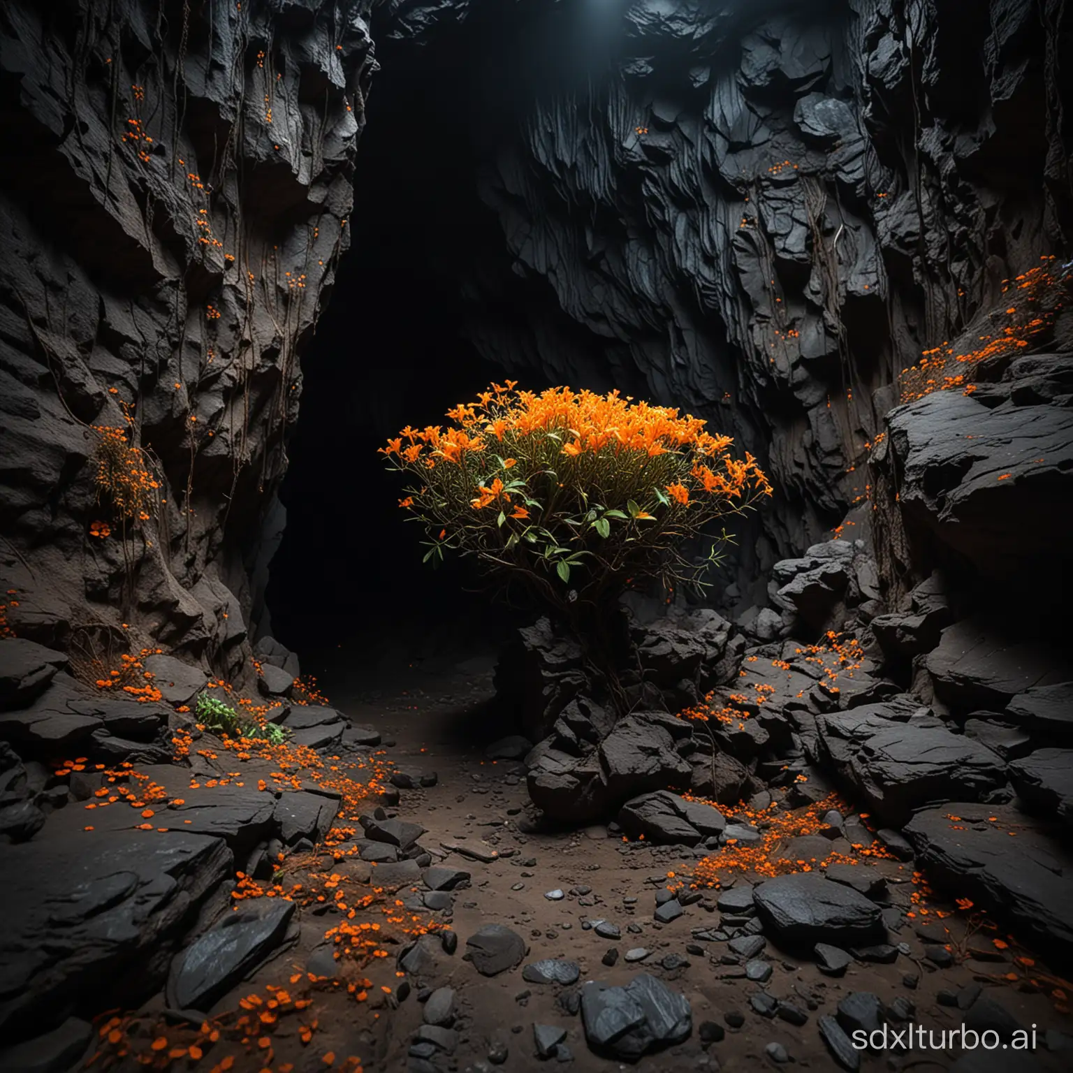 Glowing-Orange-Flowers-in-Dark-Cave