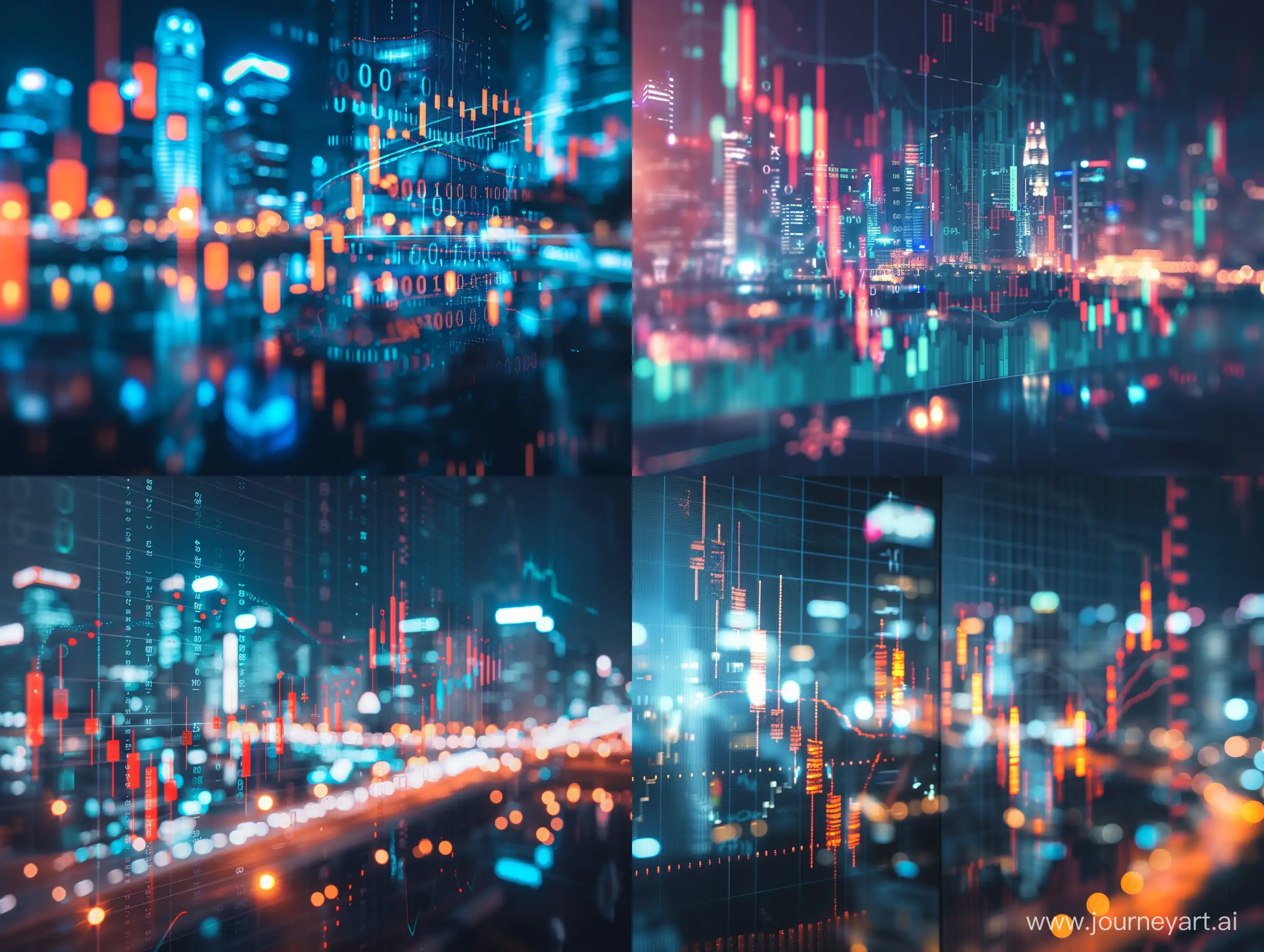Abstract glowing big data forex candlestick chart on blurry city backdrop. Trade, technology investment and analysis concept. Double exposure