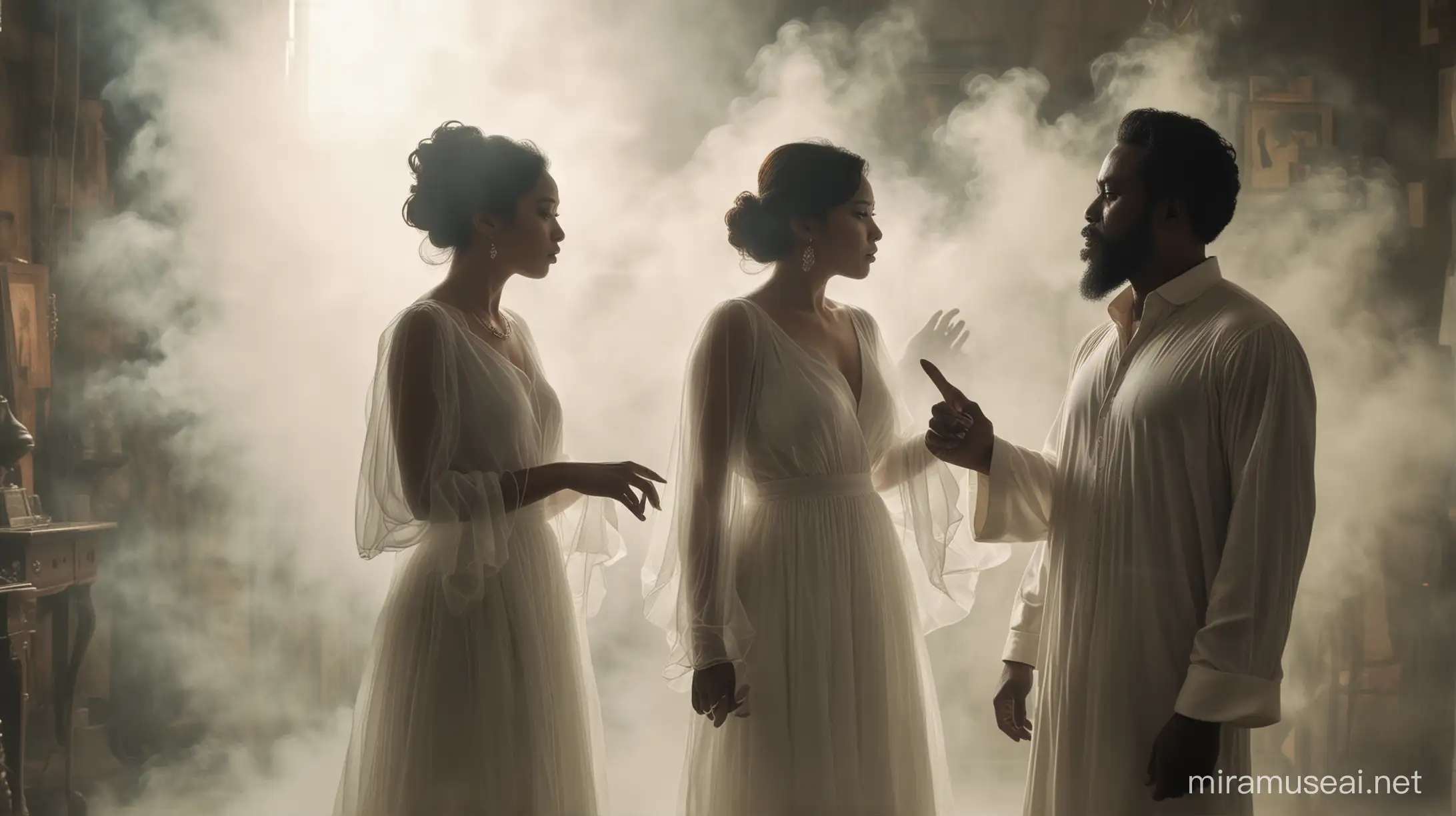 Hazy, dream scene of a middle-aged Filipino woman with shoulder-length updo hairstyle wearing white ghostly dress, pointing to a bearded African-American man with vintage 70s style clothing, their faces are obscured by shadows, they are surrounded by smoke like a vision in a dream, mysterious aesthetic, paranormal