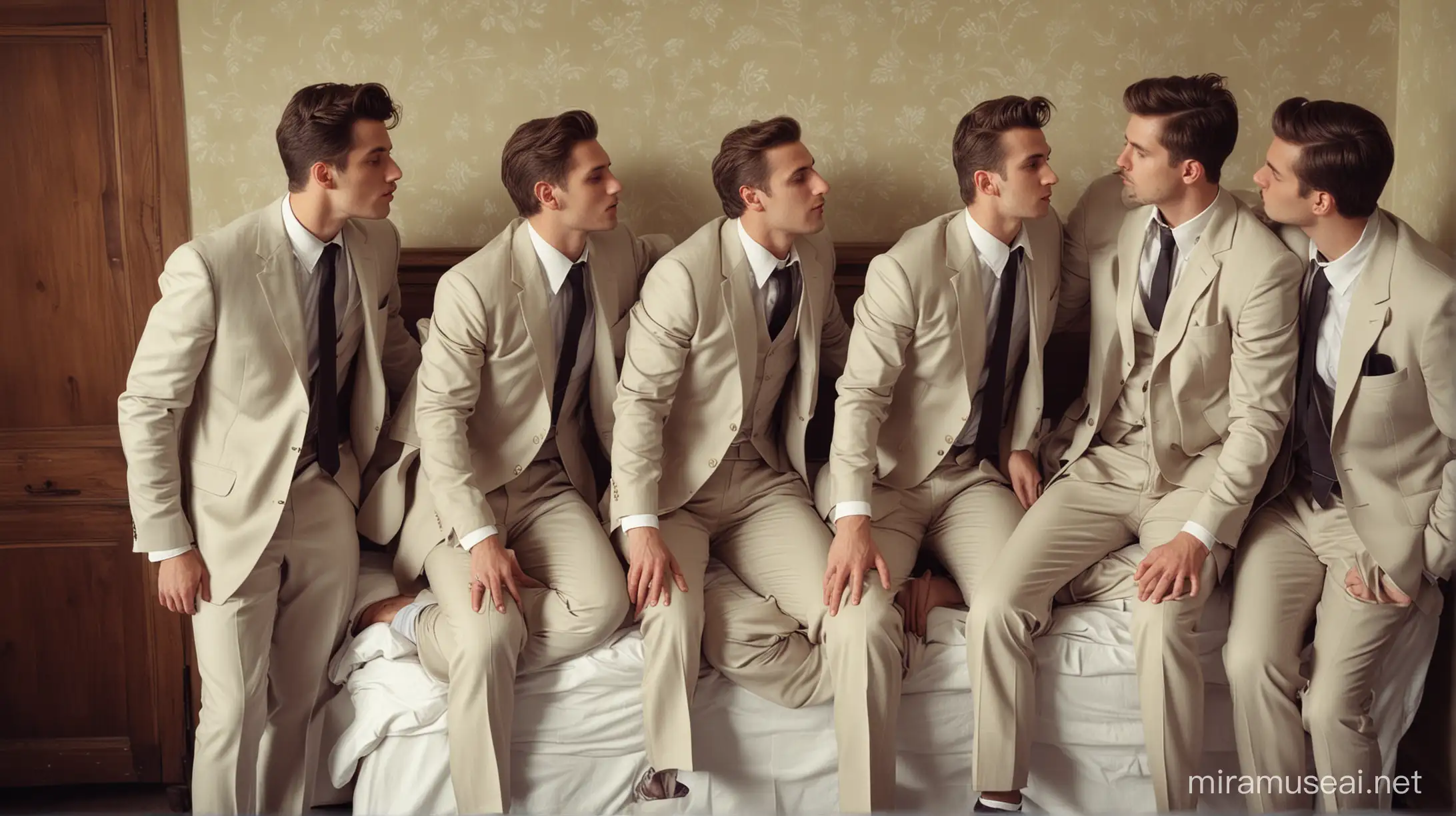 Seven French Men Kissing on Vintage SuitCovered Bed