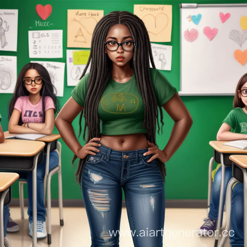 Confident-DarkSkinned-Girl-with-Glasses-in-Green-Top-and-Jeans-at-School