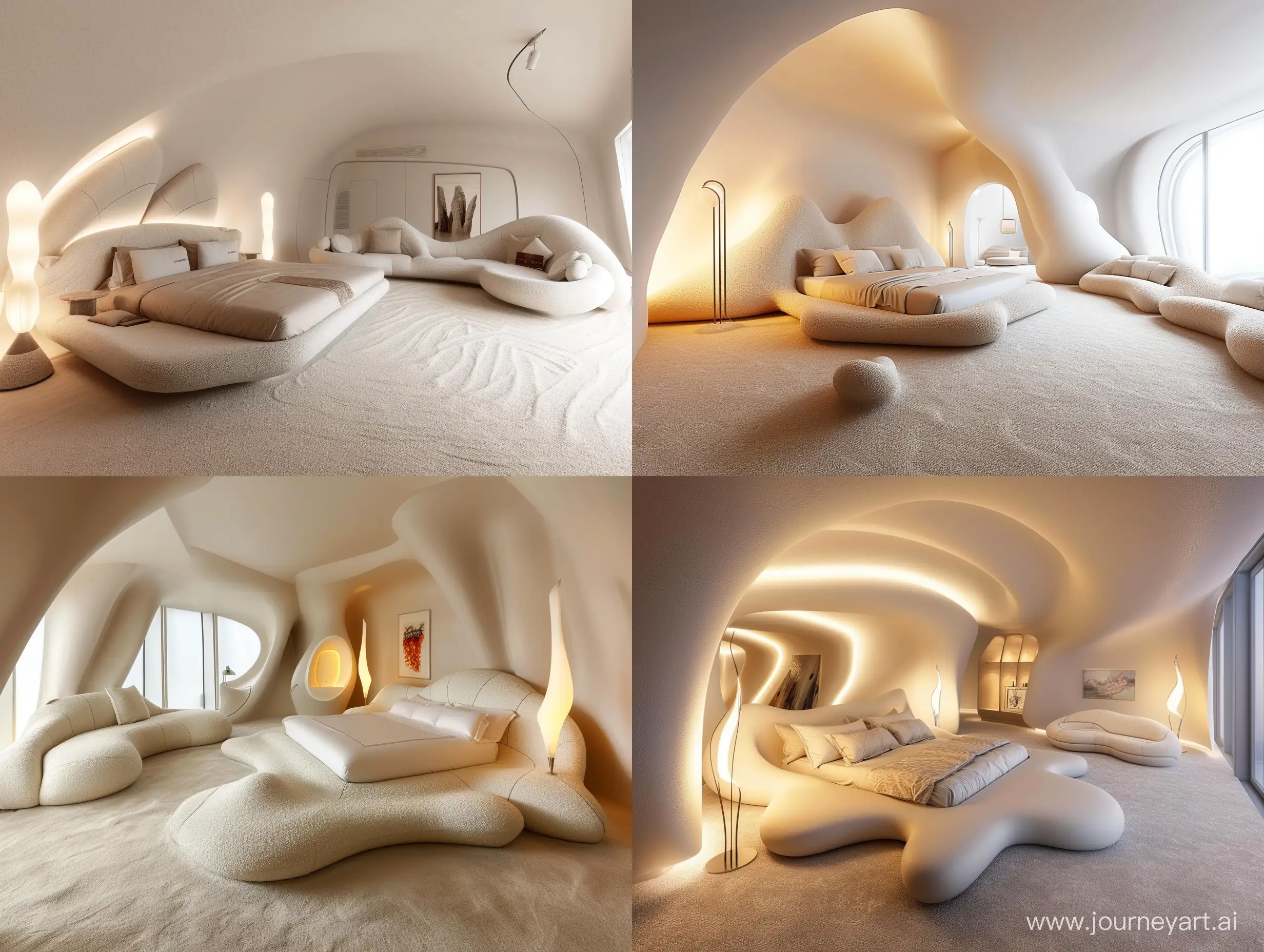 A 10 meter x 20 meter bedroom with an interior space designed in the style of Zaha Hadid, equipped with a similarly shaped king bed, carpeted floor,
floor lamps, and a comfortable set of shaped sofas.Smooth irregular curves are the main constituent elements.warm and comfortable. with white as the main tone in the space
