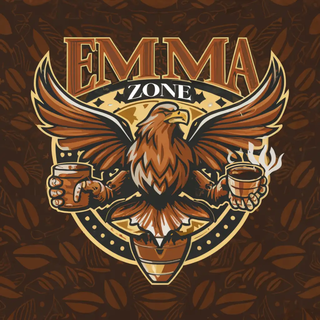 a logo design,with the text 'Emma Zone', main symbol:Eagle Warrior Coffee Nature Amazon,complex,clear background