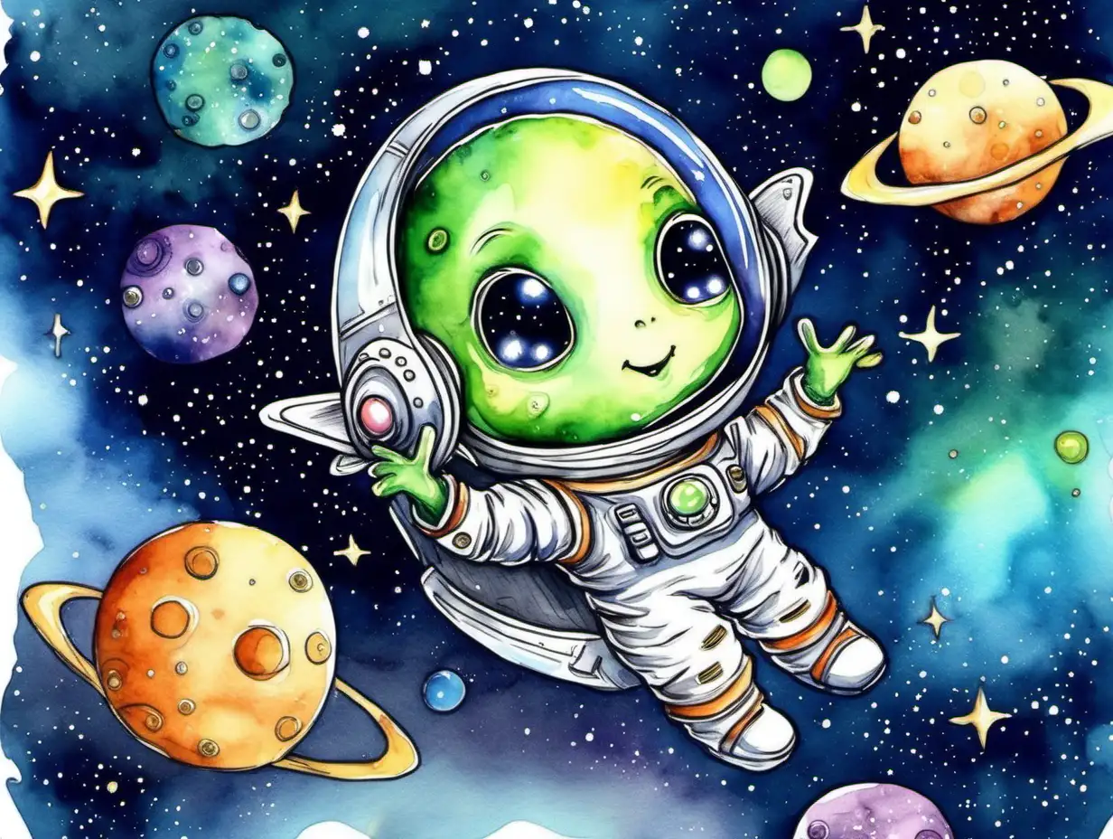 Super cute alien in spaceship, flying through space, watercolor, —seed https://www.midjourneyai.ai/record/49765-Adorable-Space-Exploration-Cute-Astronaut-in-Rocket-Soaring-through-Watercolor-Galaxy