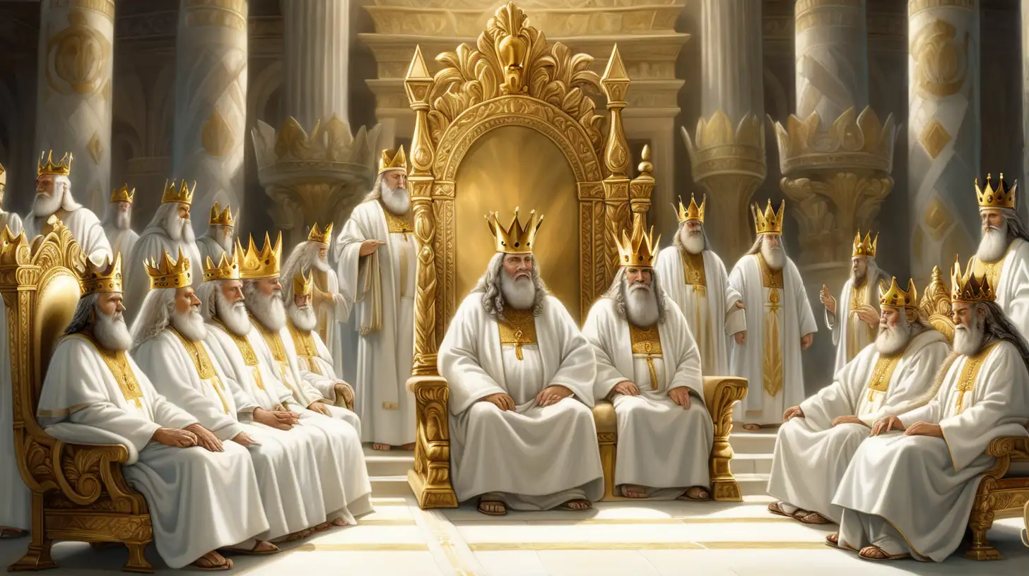 They were all dressed in white with fancy gold crowns, sitting on thrones around the main throne, biblical history, surrounded by these 24 elders. They looked impressive in their white robes and golden crowns.
