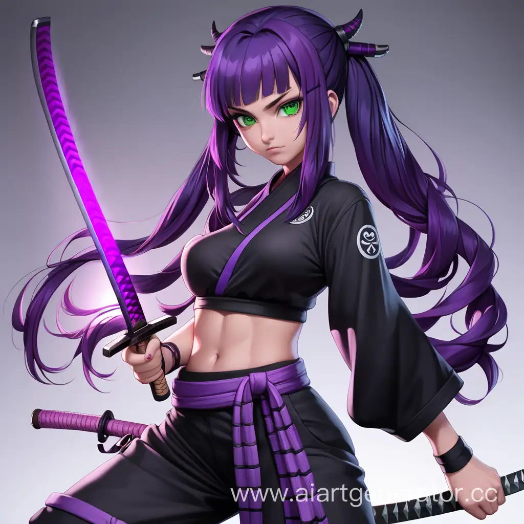 kimetsu no yaiba, Young woman, perfect figure, green eyes, purple hair, cute face, black ninja clothes, katana