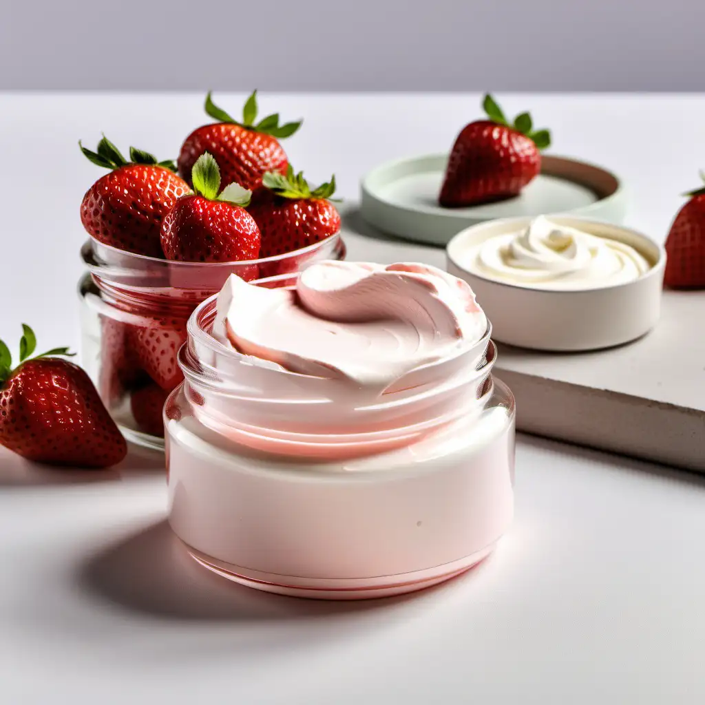 Clear jar with strawberries and cream body butter, with no label on the jar, with strawberries & cream used as props on the side that I can use as advertising 