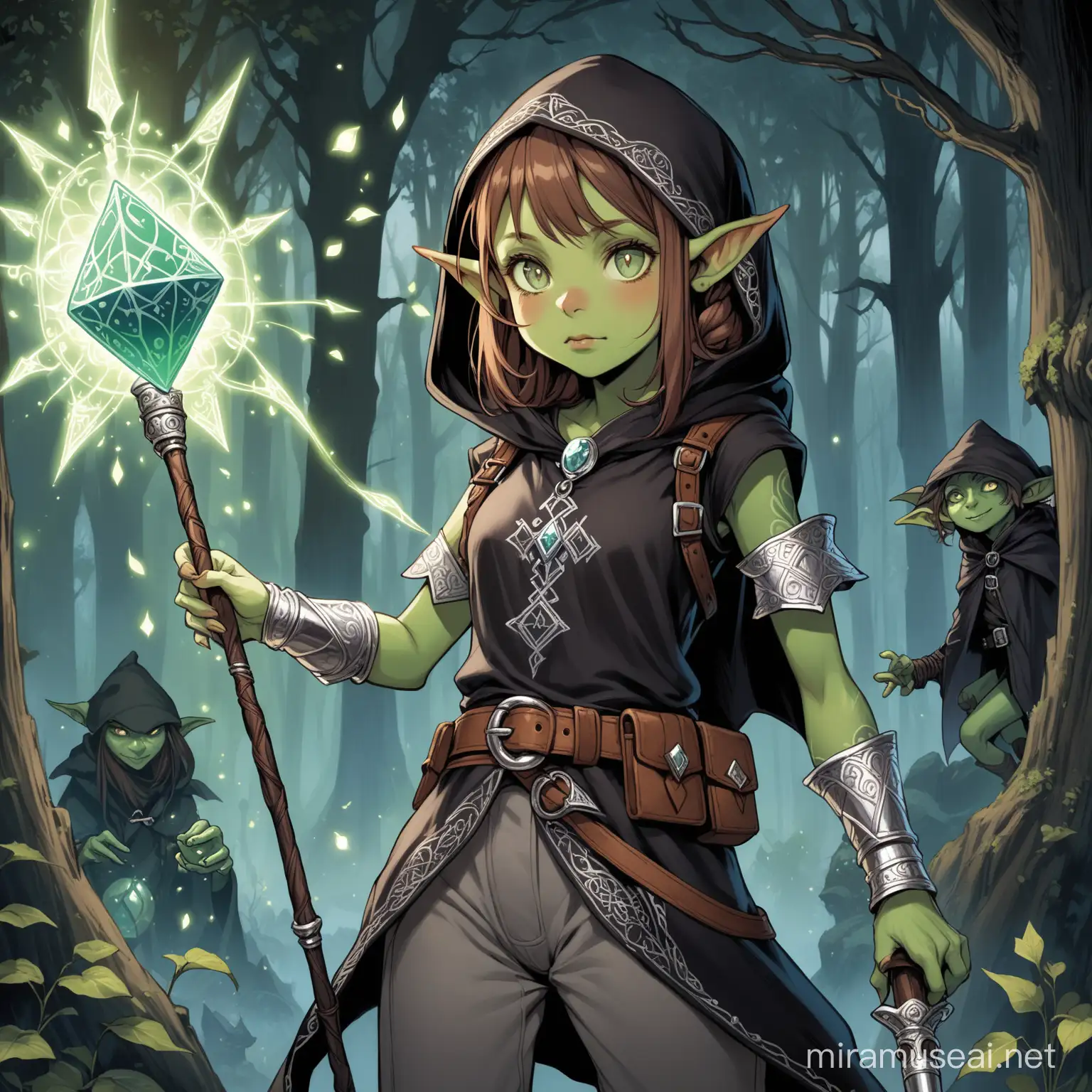 A young goblin girl with green skin, silver eyes, and brown braided hair.  She's wearing a black hooded vest with silver embroidery.  She's wearing gray pants.  She's wearing a belted harness made of dark brown leather with silver buckles.  She's wearing black metal bracers with silver runic engravings.  She's got a magic rod capped with a diamond in her right hand, and a tarot card in her left.  Both the rod and card are glowing with eldritch power.  There's a pixie flitting about over the goblin's head.