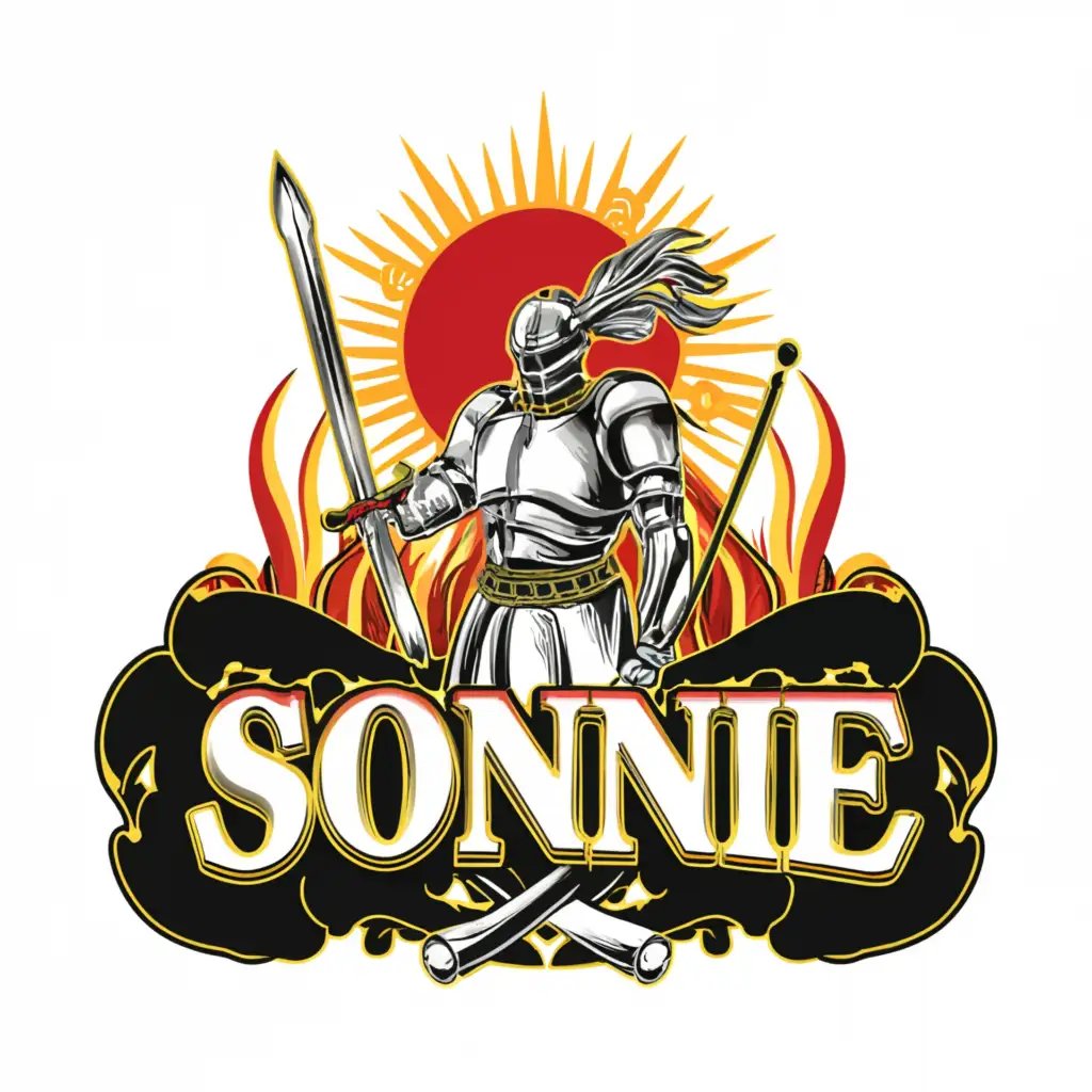 a logo design,with the text "Sonnie", main symbol:Holy Sword Knight With the Sun in background and Red,Gold, White colours,Moderate,be used in Entertainment industry,clear background