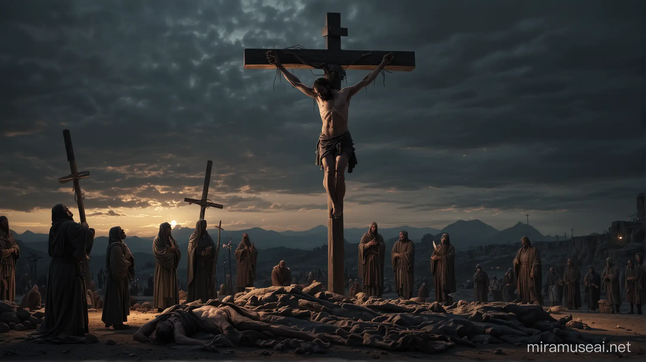 Ultrarealistic Crucifixion scene at nightfall.