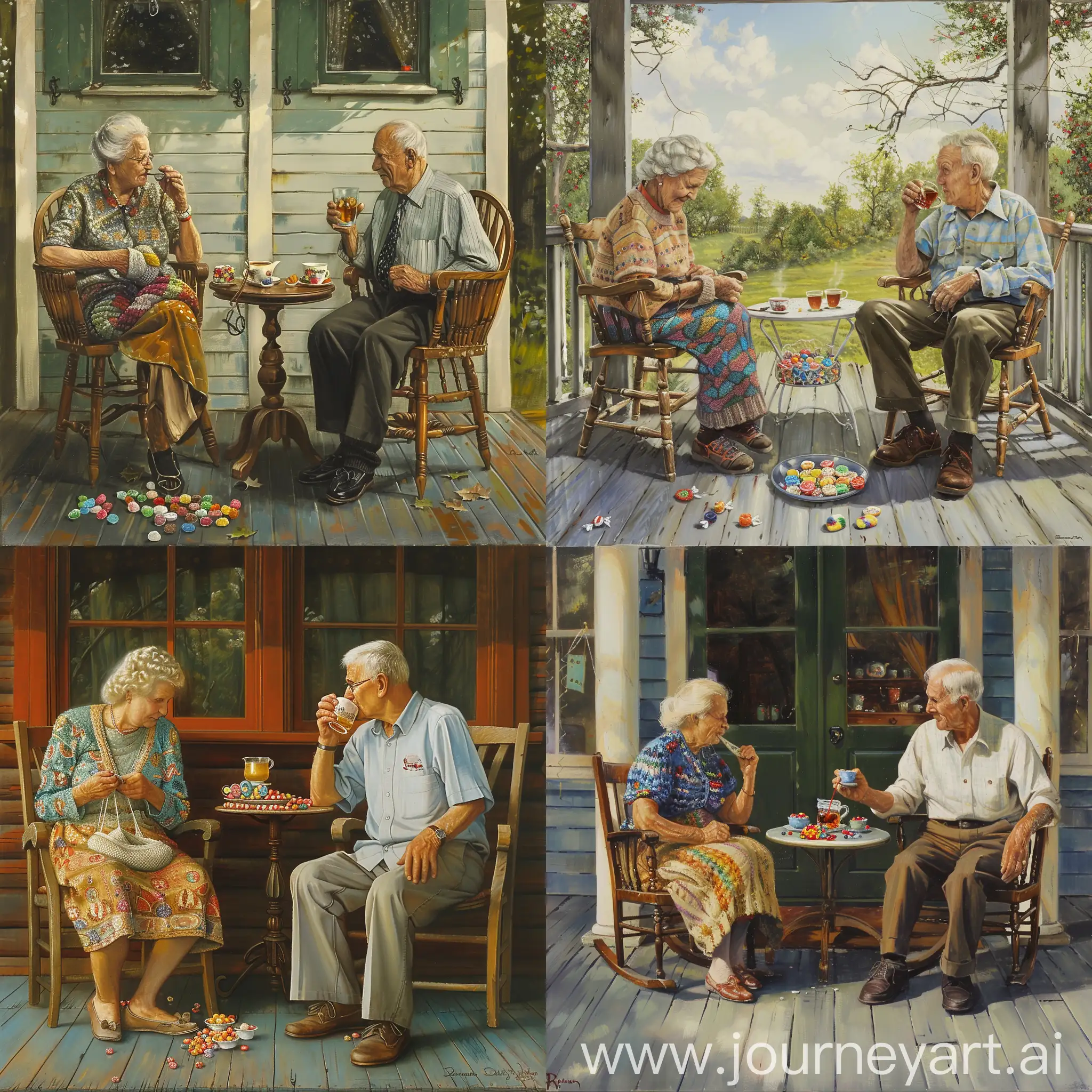 Реализм, дачная веранда, лето, на двух креслах сидят бабушка и дедушка, бабушка вяжет, дедушка пьет чай, между ними чайный стол, на столе стоят конфеты