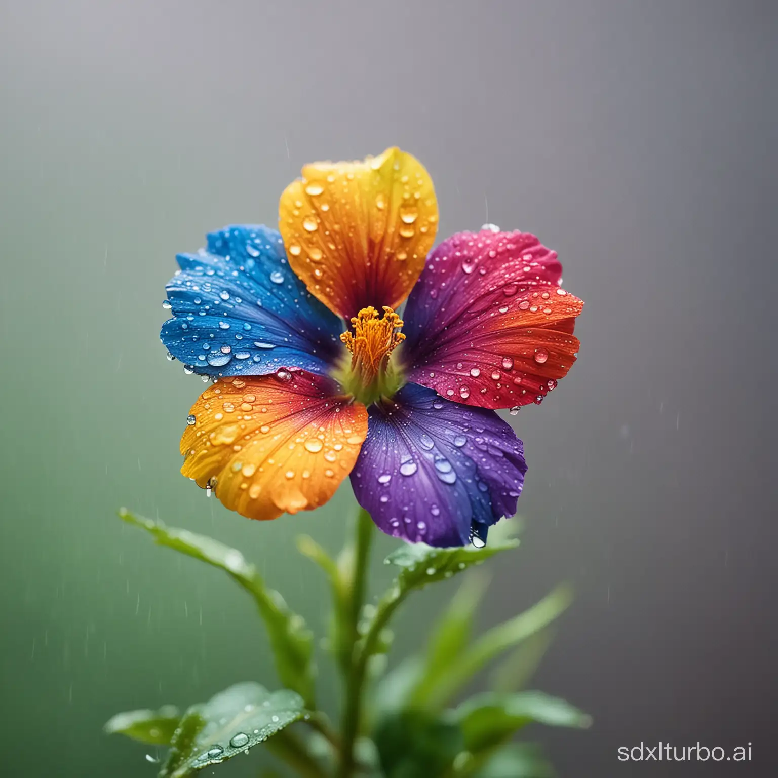 A rainbow flower, rain, tilt-shift photography.