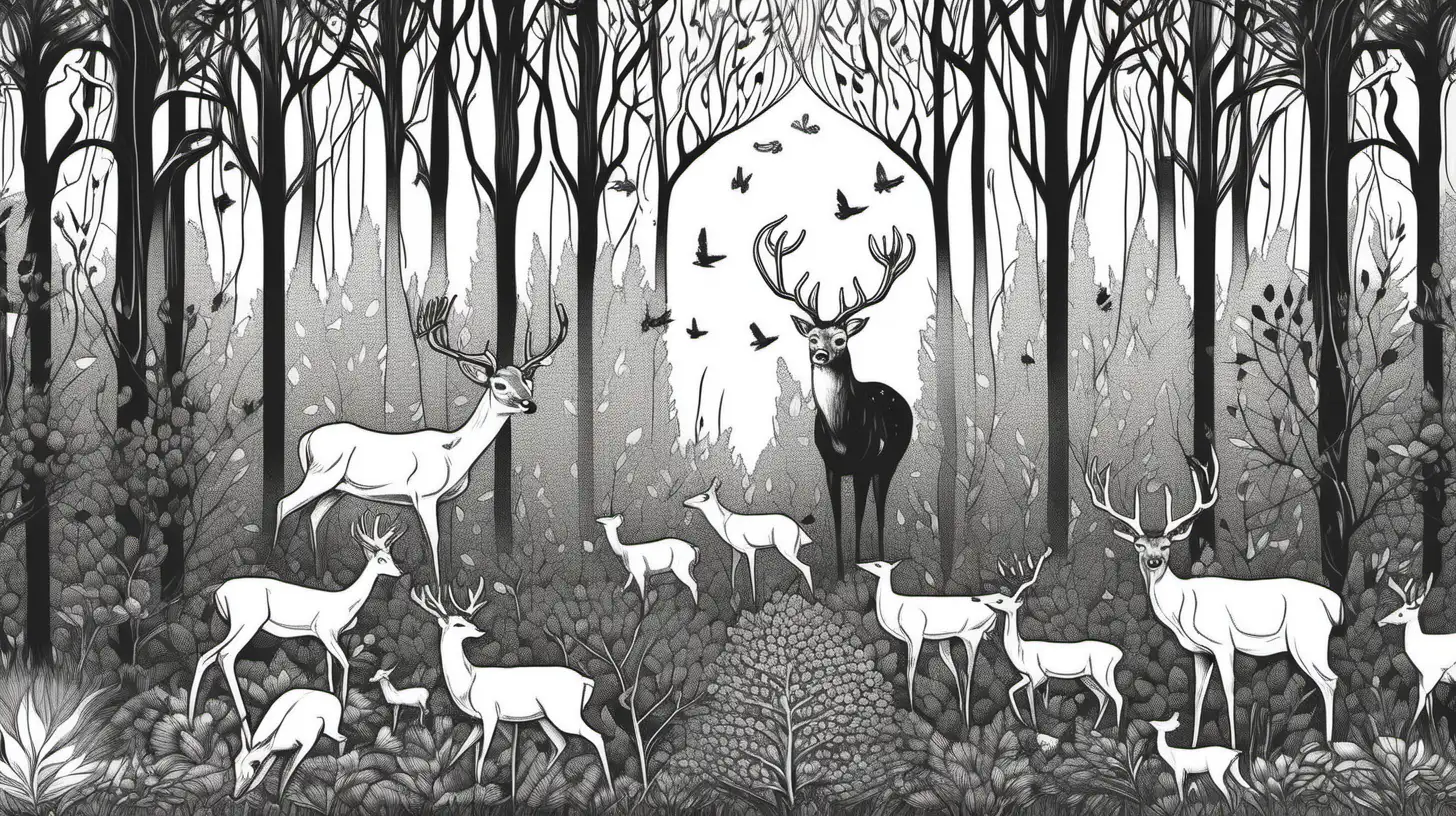 Tranquil Forest Scene with Connected Wildlife in Monochrome