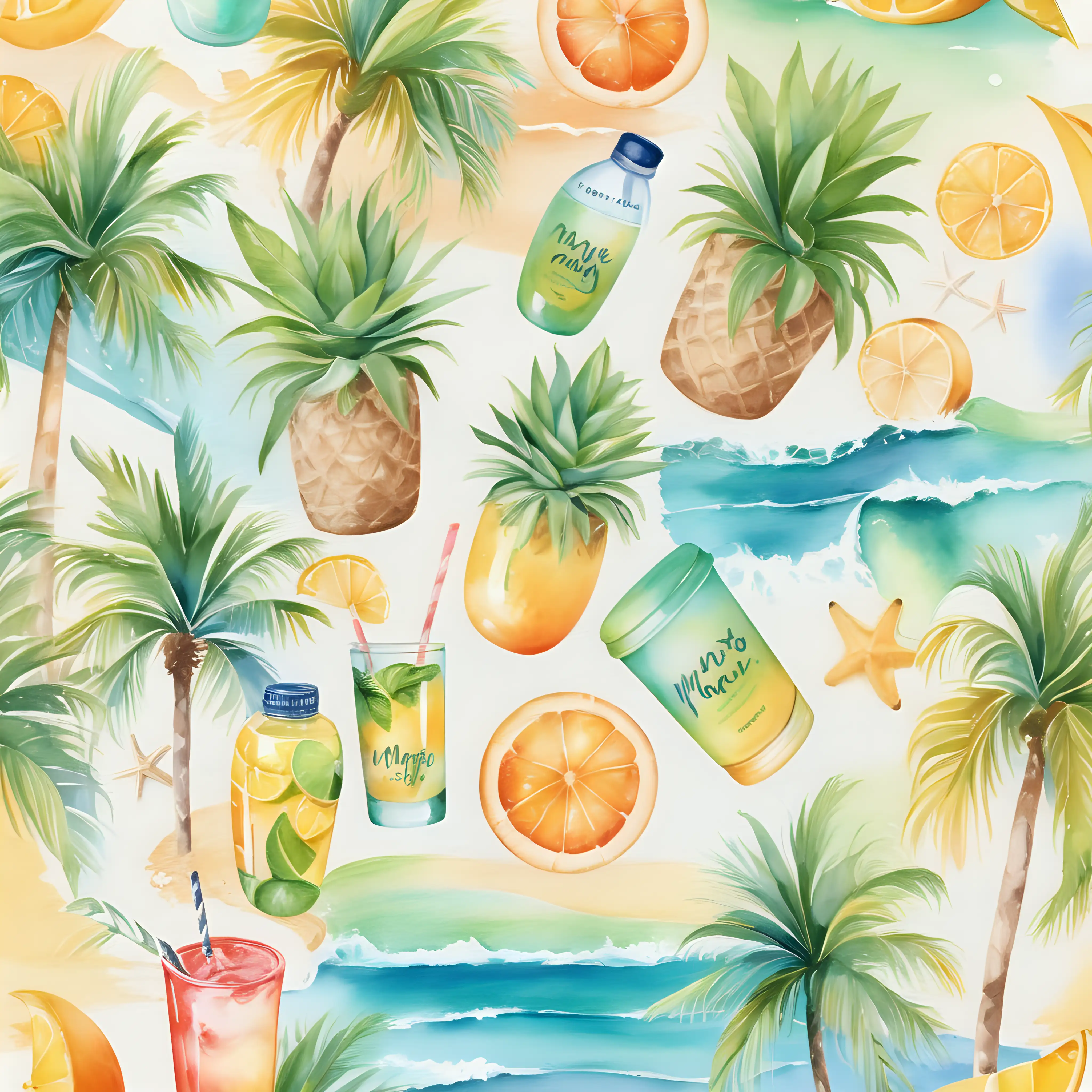 Graphic design for the May box. Abstract print backgrounds or illustrations expressing euphoric summer vibes and the tan glaze aesthetic associated with the Beach ready theme. Visually appealing packaging design. You know what they say: girls just wanna have sun, and happiness comes in waves. So, grab a mojito and dive into this summer beauty playground. watercolor
