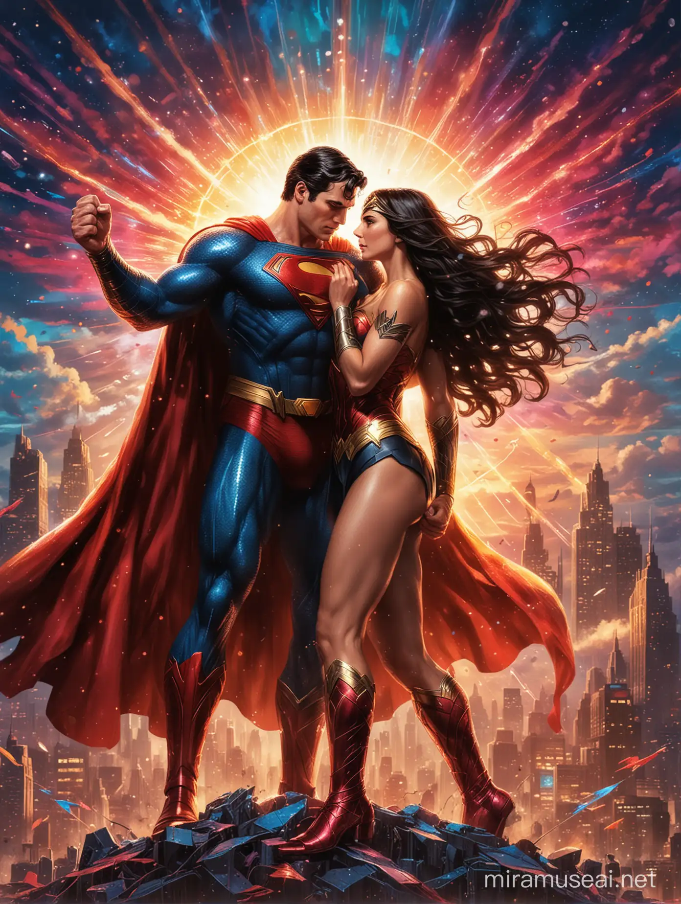 A full body shot of Superman and Wonder Woman engaged in a dynamic, powerful scene of strength and unity. The composition highlights their iconic poses and dynamic interplay, set against a backdrop of a Lite-Brite inspired colorful sky, emphasizing their larger-than-life presence. Superman's muscles ripple as he lifts Wonder Woman effortlessly in his arms, her mysterious smile radiating with wisdom and courage. Their aura of unbreakable strength and love is palpable, embodying the essence of hope and justice. --ar 9:16