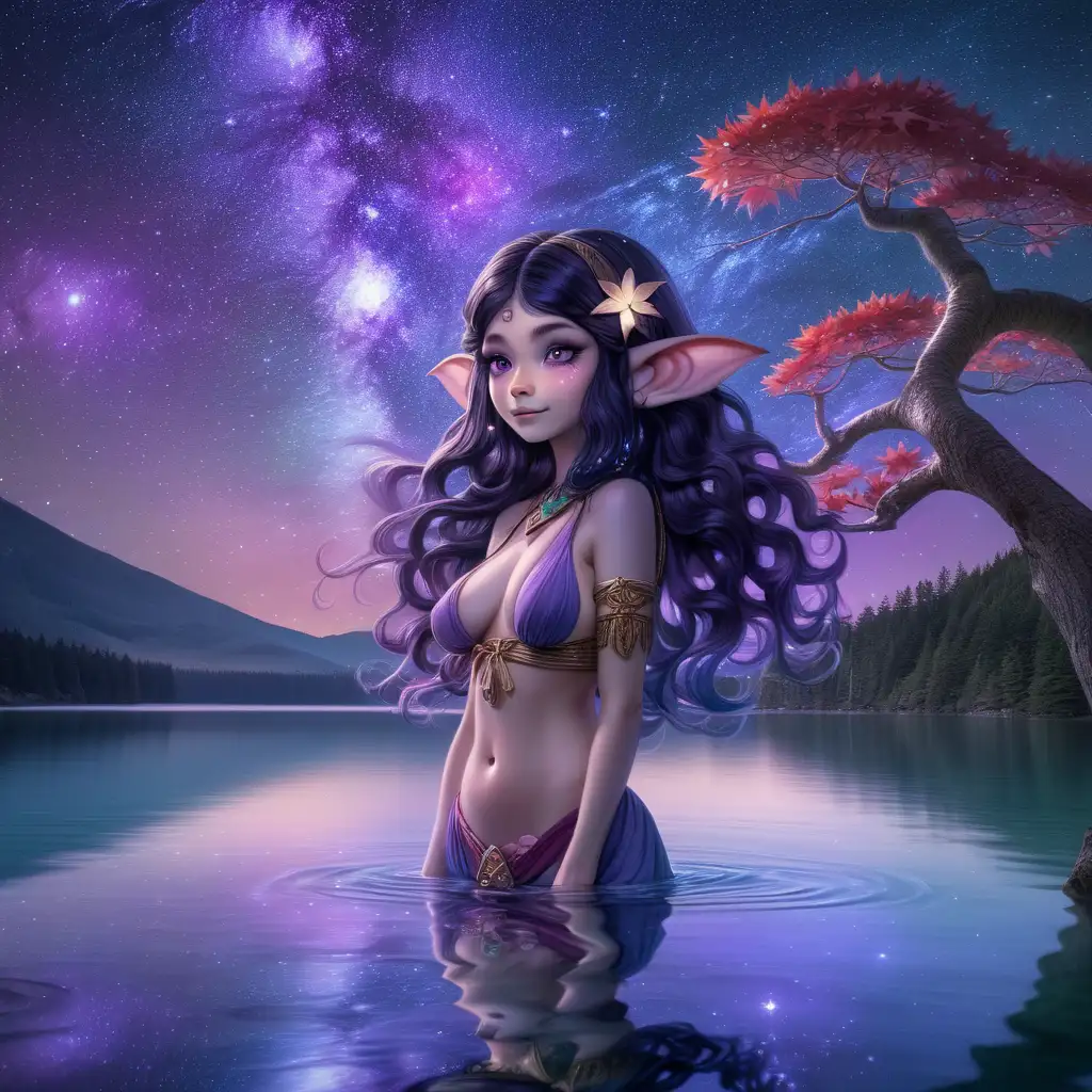 Enchanting Gnome Woman on Floating Maple Leaf amidst Cosmic Energy