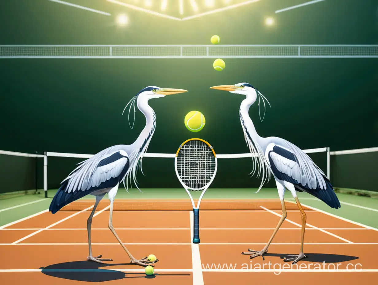 Herons-Playing-Tennis-with-Two-Rackets-in-Each-Lamp-on-the-Court