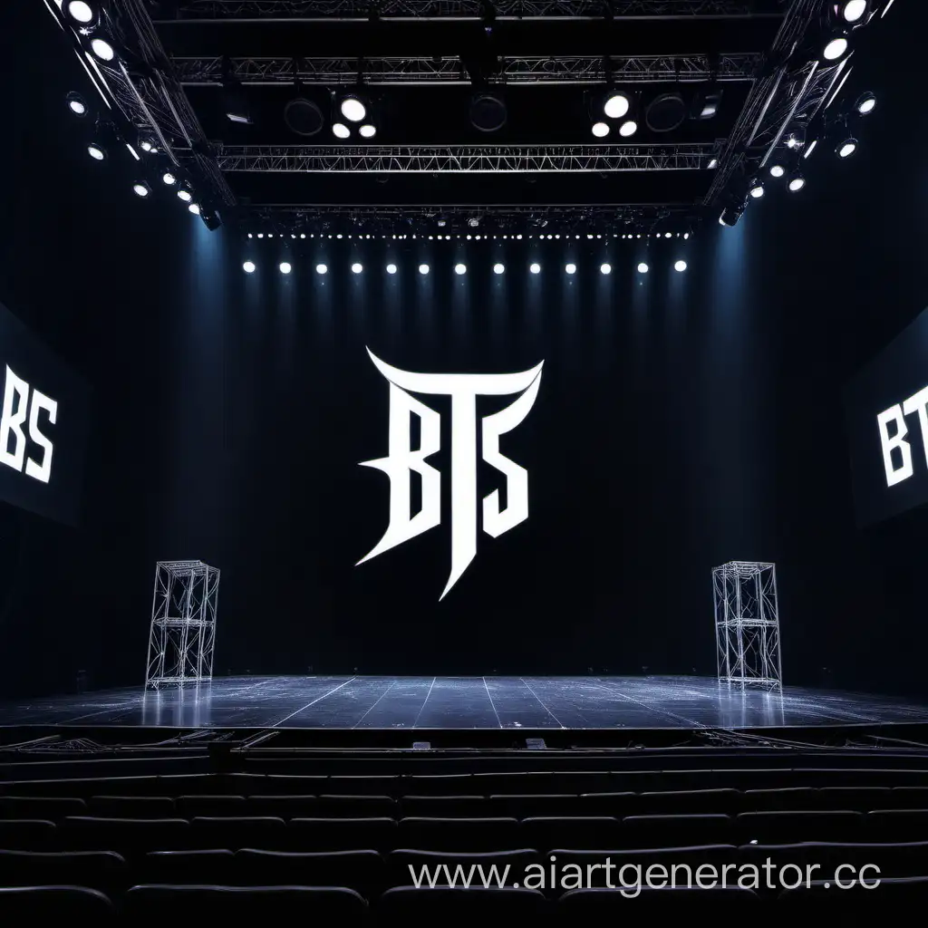 Тёмная пустая сцена, на стене сзади логотип БТС, вид снизу
