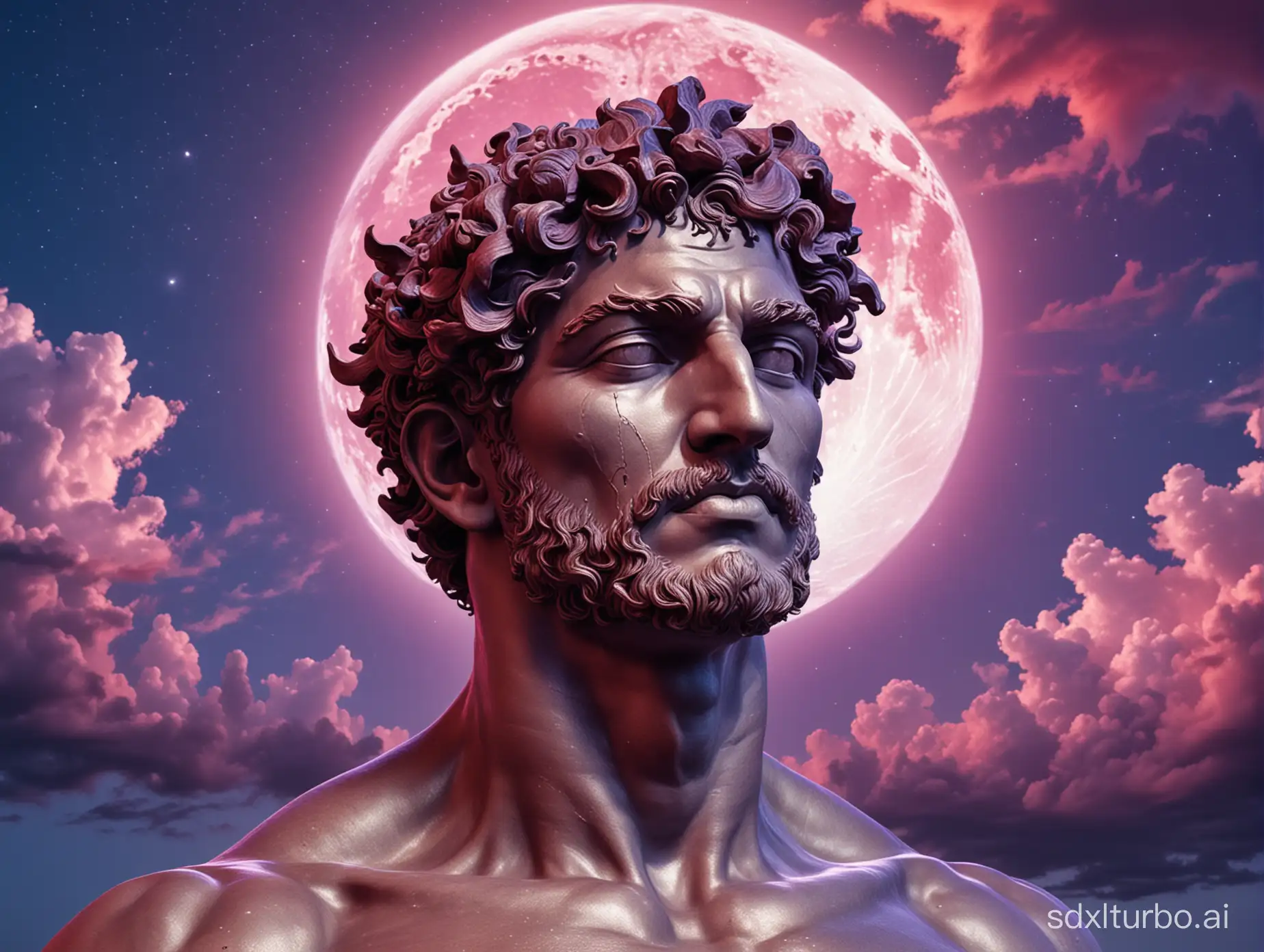 Landscape Greek god with metallic-type skin and big head and neck, big body, shining bright moon behind the face with the red purple and indigo vibrant sky with clouds behind it