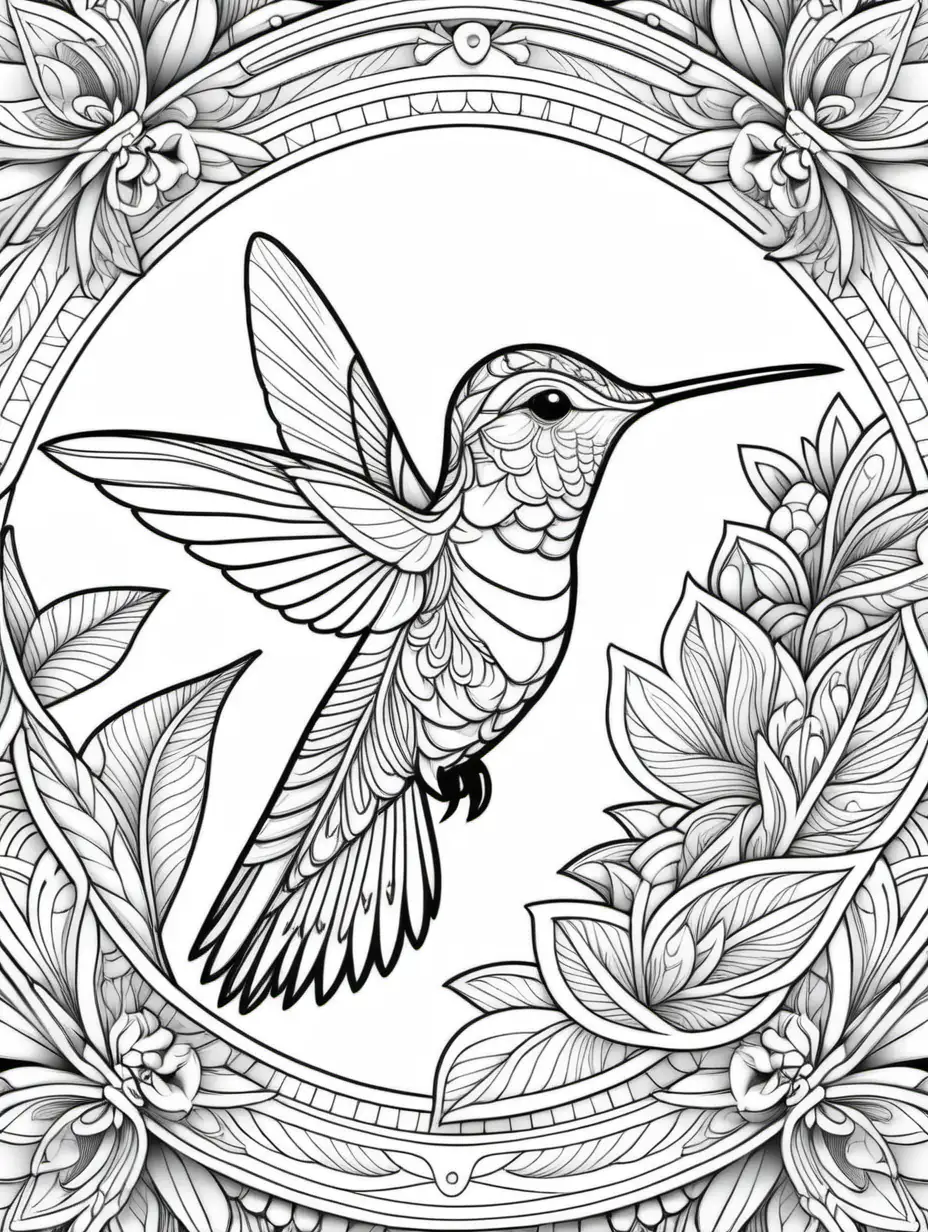  adult coloring book, hummingbird, mandala, low detail, relaxing colors, thin lines, simple line art, high dof, 8k