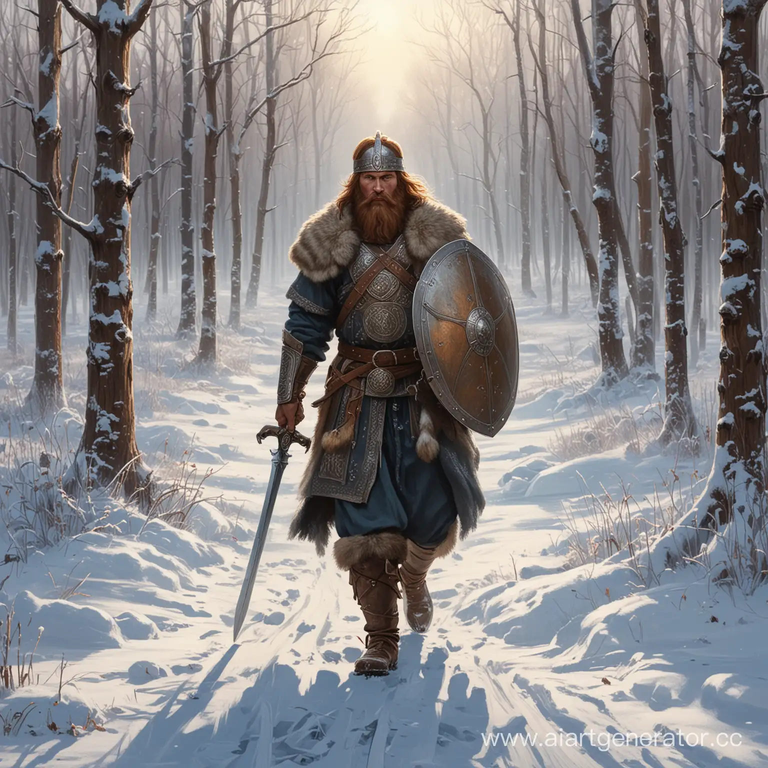 Ancient-Russian-Bogatyr-Wielding-Shield-and-Sword-in-Winter-Glade