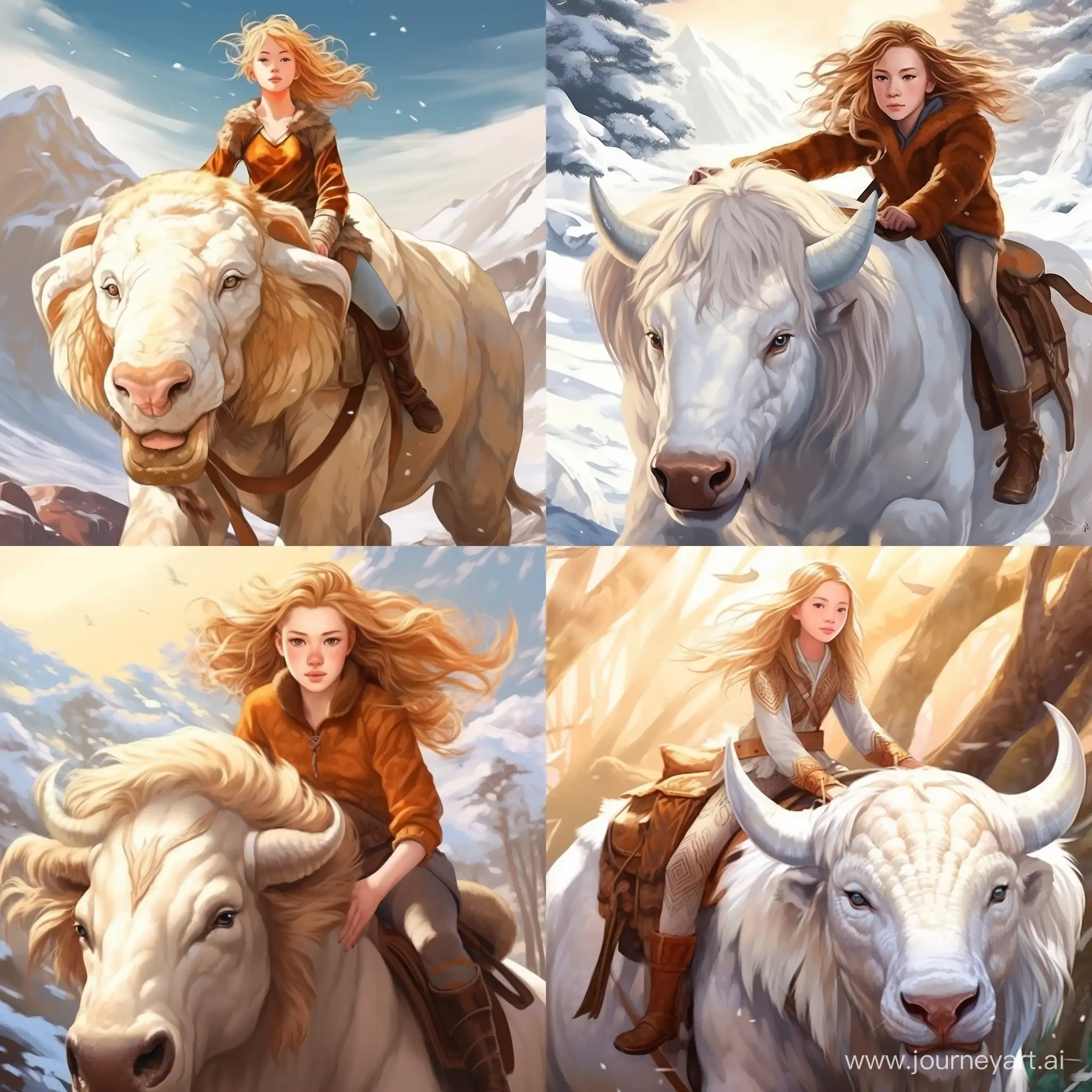 Beautiful girl, golden hair, gray-blue eyes, snow-white skin, teenager, 14 years old, in the style of avatar legend of aang, full-length, riding a flying bison, Appa, high quality, high detail, cartoon art