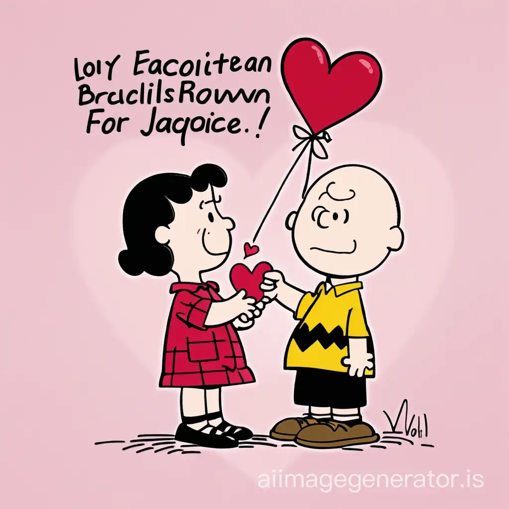 Charlie Brown holds "for Jacquie" Valentine