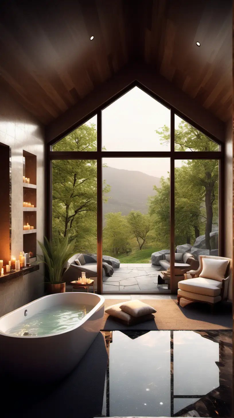 Generate an image of a lavish house surrounded by lush nature. Inside the house, there's a cozy fireplace, and in the bathroom, a woman is taking a relaxing bath while reading a book. A wine bottle and glasses are nearby. The ambiance should be captivating, and the woman should exude a sense of self-care and relaxation.