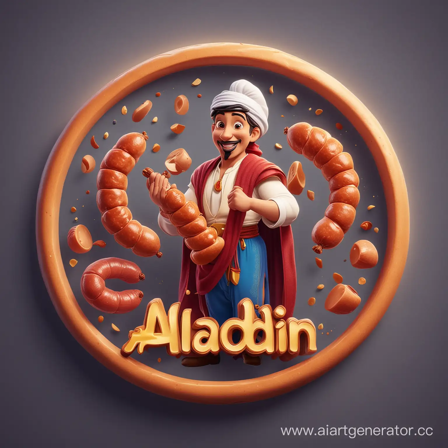 logo aladdin character holding saussage in 3d circle shape logo, meat and soussages peaces incorporated, light emitting, optimistic