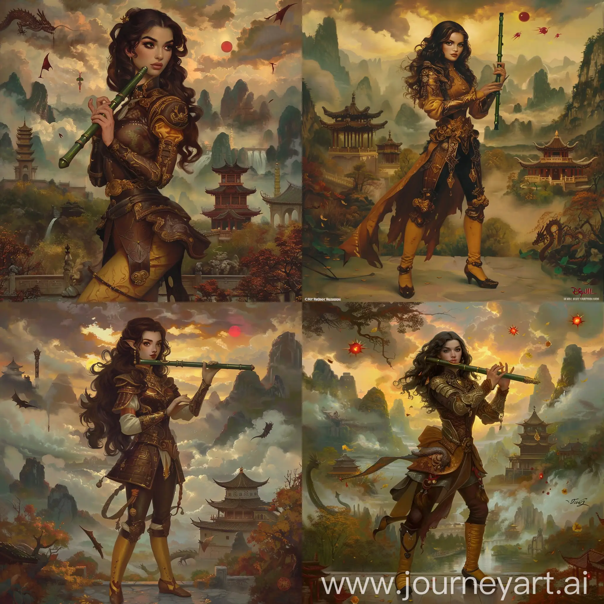 Historic painting style:

a Disney stupid charming French villain, Drizella Tremaine, from Cinderella cartoon, she has dark brown long hair, she wears dark brown and dark yellow color Chinese style armor, with dark yellow boots, she holds a dark green bronze flute in right hand,

Chinese Guilin mountains and temple as background,  evil iced dragons and three small red blood suns in cloudy sky.