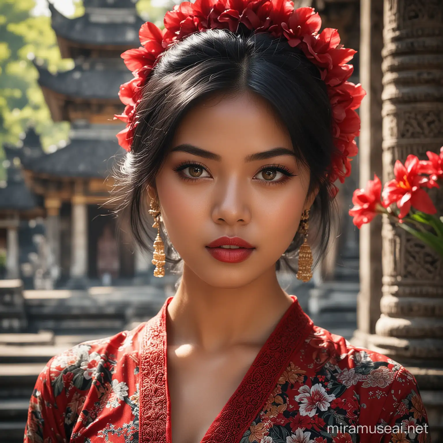 Beautiful Indonesian Girl Portrait in Balinese Kebaya at Bali Temple