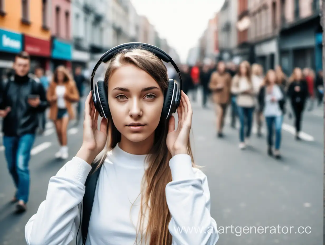 Girl-Listening-to-Music-with-Wireless-Headphones-in-Busy-Urban-Street-Scene