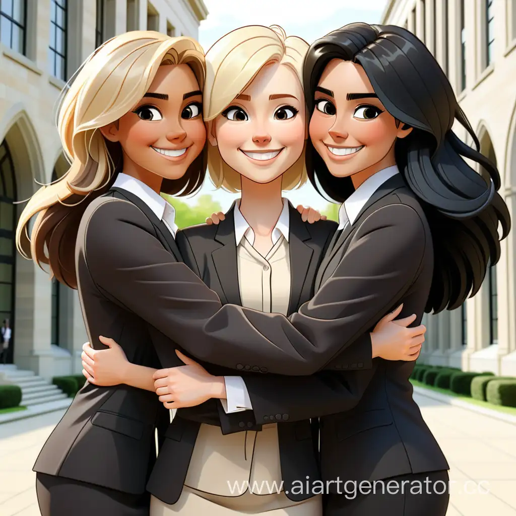 Draw three white female lawyers standing together in an embrace: one with short blonde hair, one with long black hair, and one with long brown hair. They should be in front of the university and smiling.