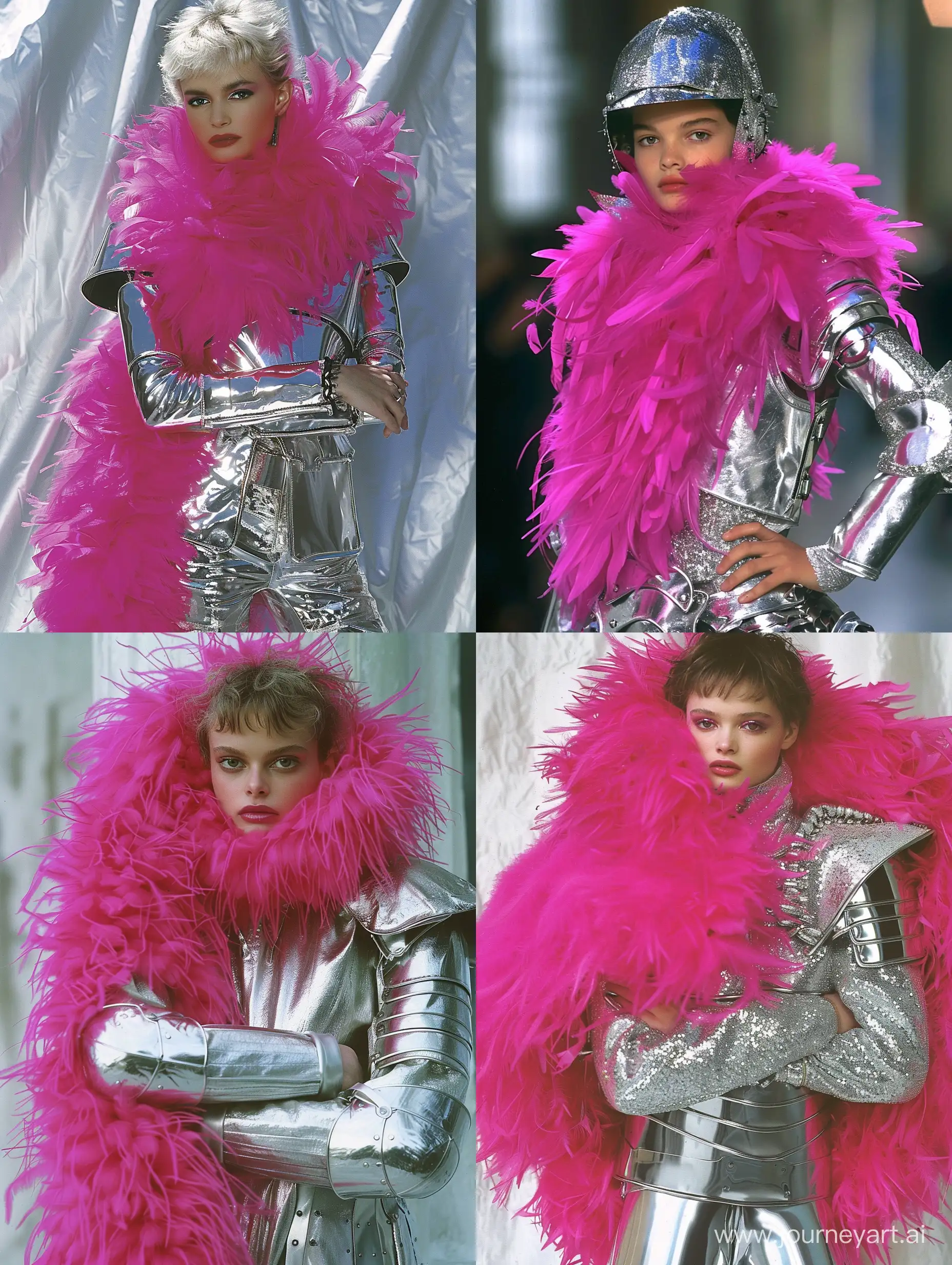 девушка в серебряных доспехах и ярком розовом боа. new wave, fashion, haute couture, стиль модели 90-х