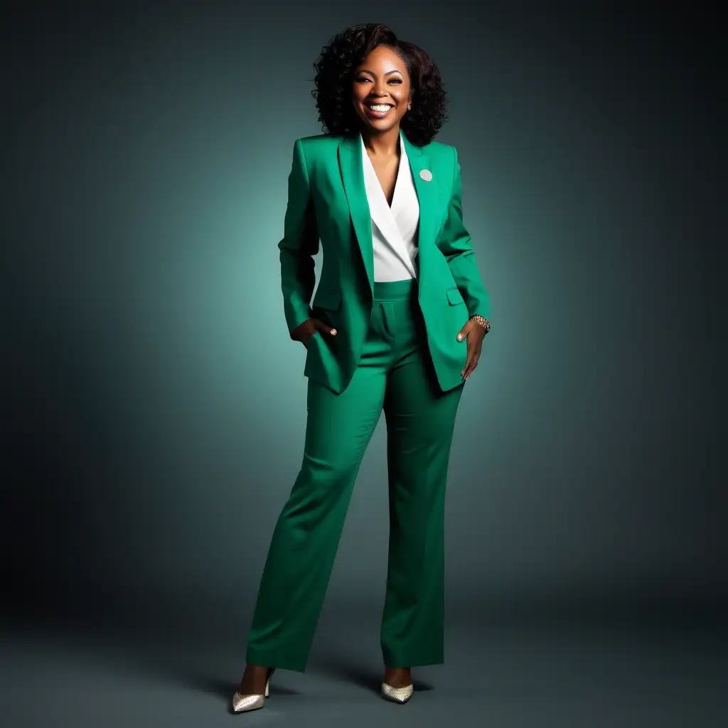 african american woman, emerald green white pantsuit, smiling, full length
