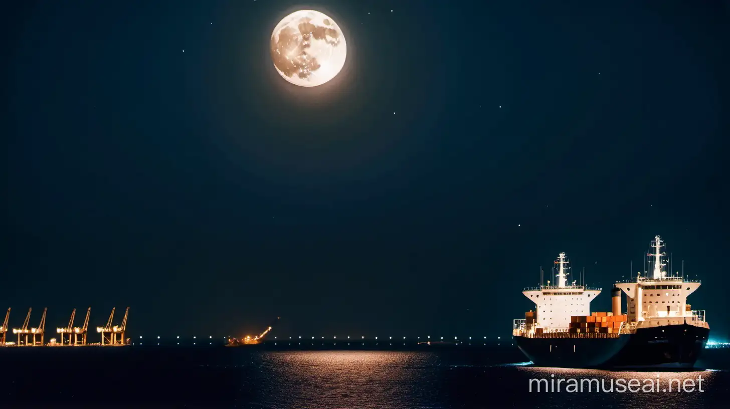 A ship sailing towards a dockyard at the night time and the moon is shining bright