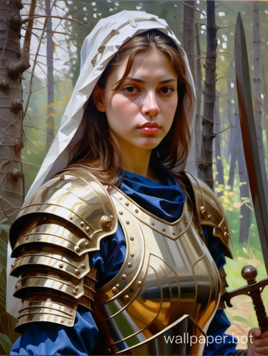 Vladimir Gusev Oil painting of a warrior adult girl , brown hair, with armor and her head covered