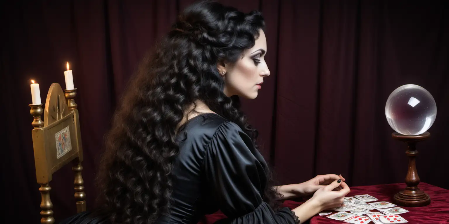 looking at the back of a victorian era gypsy clairvoyant lady, she has long dark curly hair, she is wearing a beautiful black satin long dress  . She is  sitting on a chair facing away , she has small tarot cards on the table & a crystal ball 
