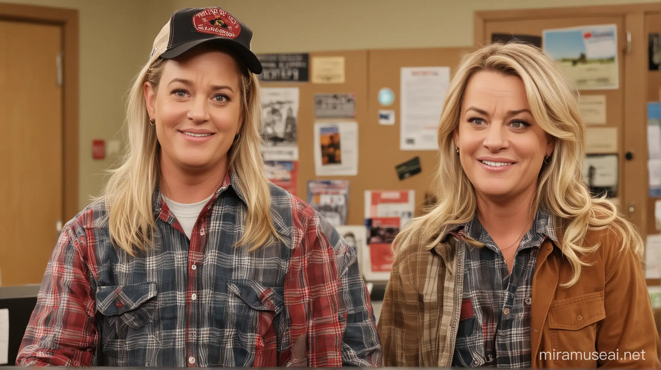 Tom Hanks as an original new character on the television show Parks and Recreation. He is in a scene with Amy poehler as Leslie Knope,  Ron Swanson. Other  characters from the show too.  The scene takes place at the office where the people work. Hanks is wearing a trucker ball cap and flannel shirt. 