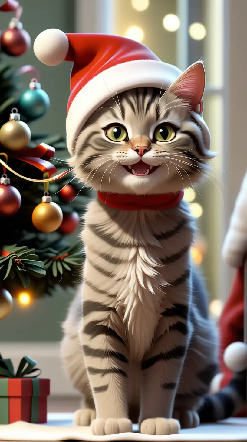 Full body, gorgeous little cat standing by Christmas tree, wearing Christmas hat, cute cat, smiling, beautiful live colours, realistic, ar 2: 1 --v 5