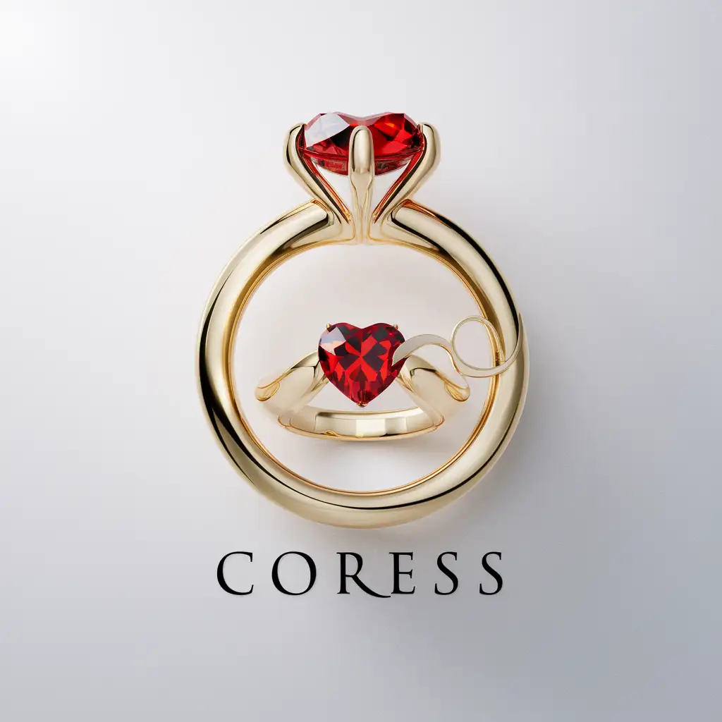 logo word "coress" o is gold wedding ring with one precious stone in the shape of a red heart. 