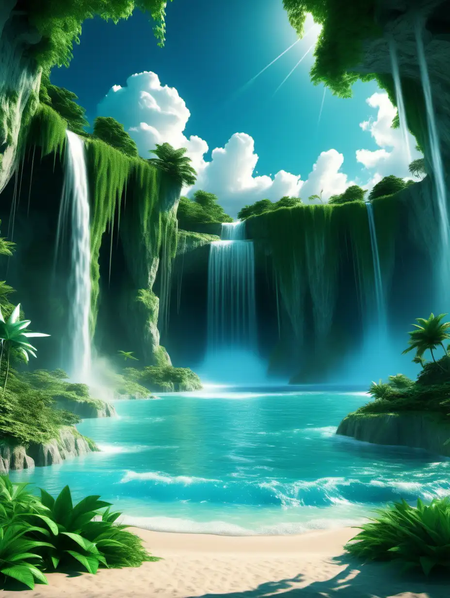 A fantasy beach. Greenery and waterfalls. Blue sky with clouds. 