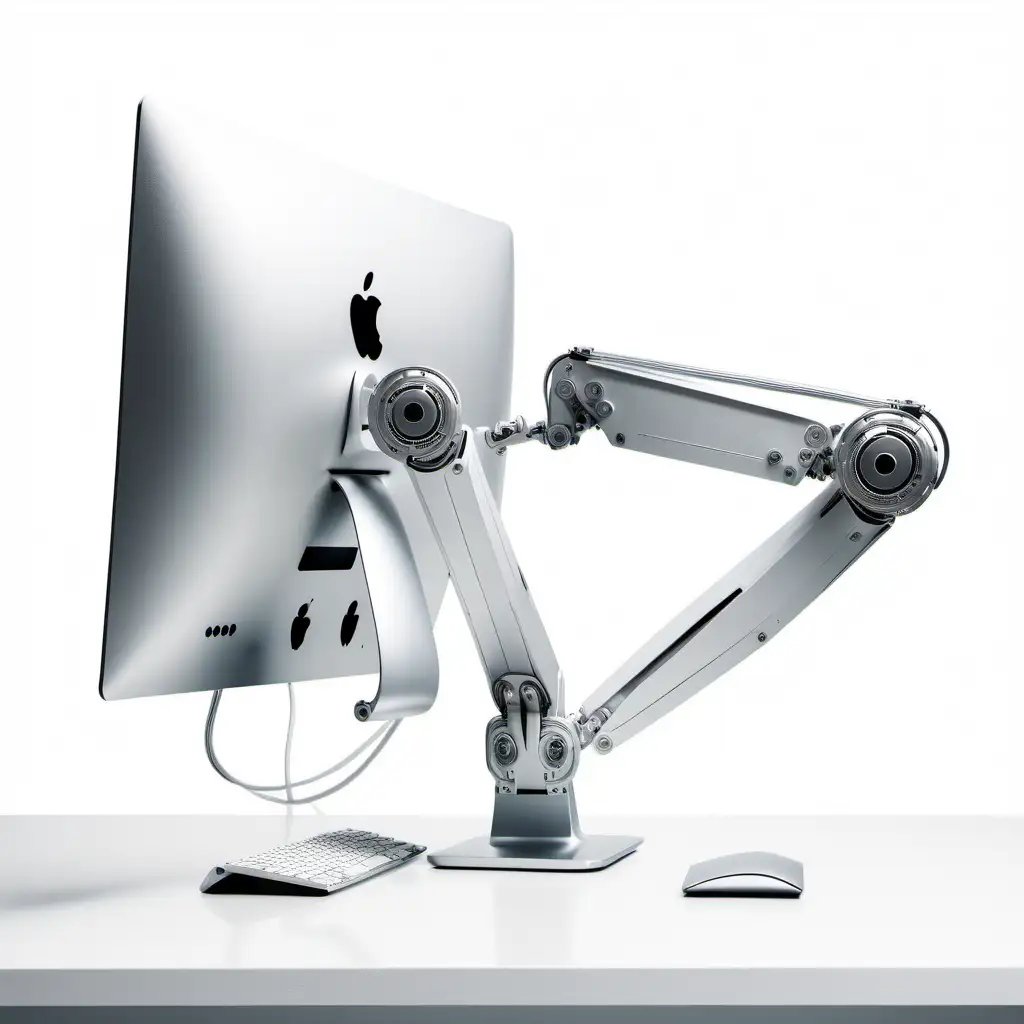 a iMac with two arms, white background 