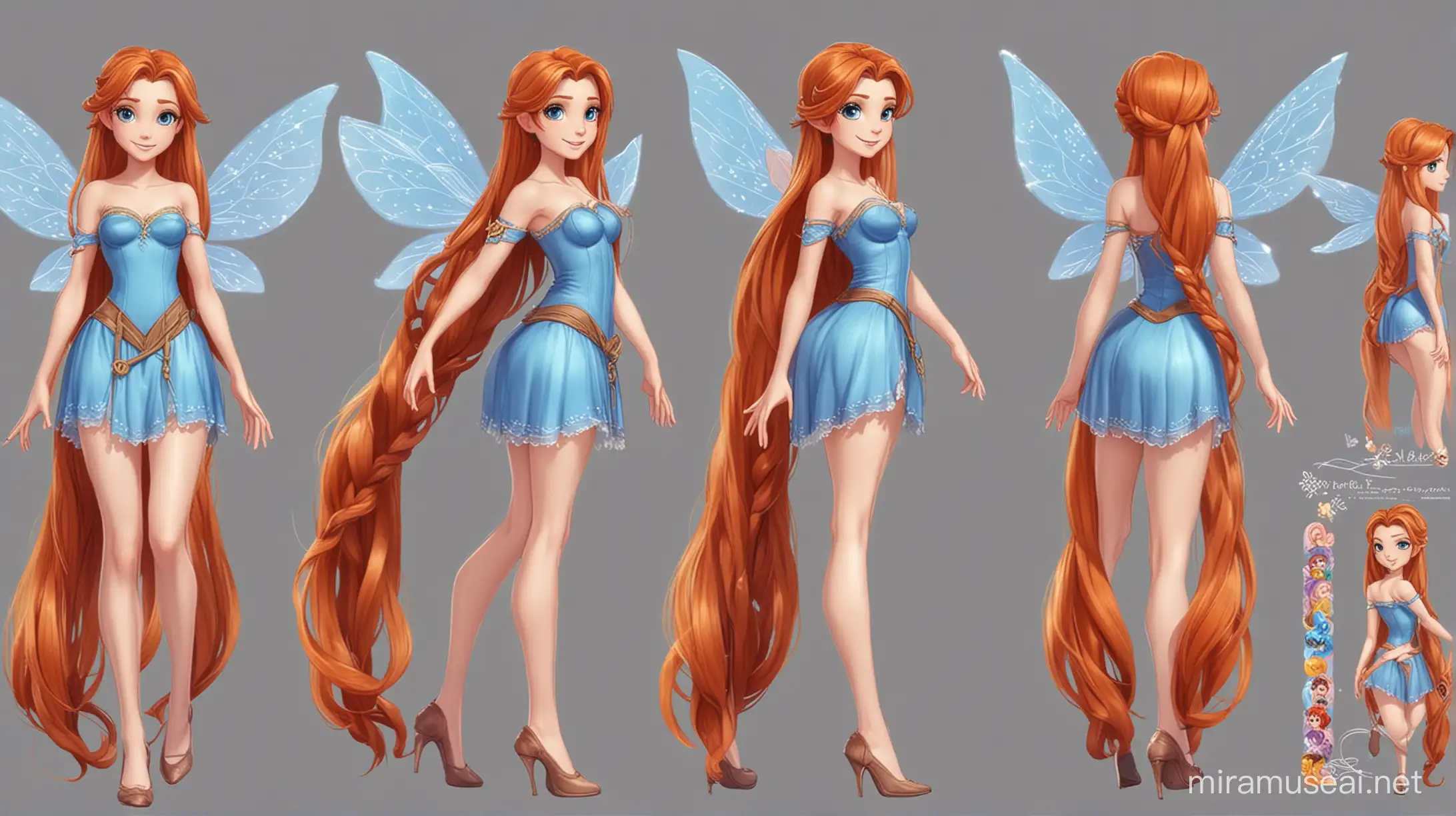 Winx fairy, very long red hair braided, Rapunzel, blue eyes, freckles, pointed tips of the ears, fairy wings, model sheet, turnarounds, full body, linear anime