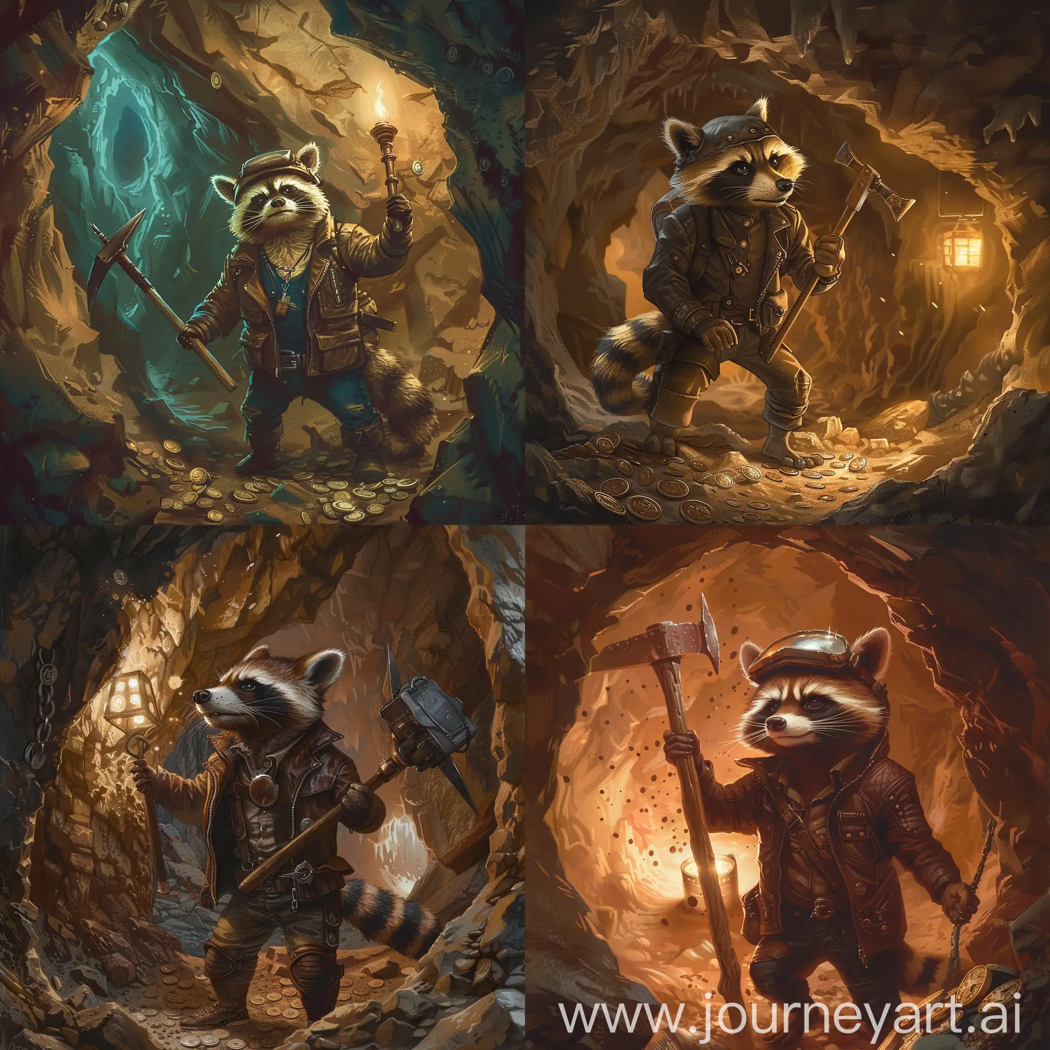 Raccoon miner standing in a cave, in a leather jacket and a helmet, in the hands of a pickaxe, in the walls of the cave there are coins speckled, dim light from a lamp
