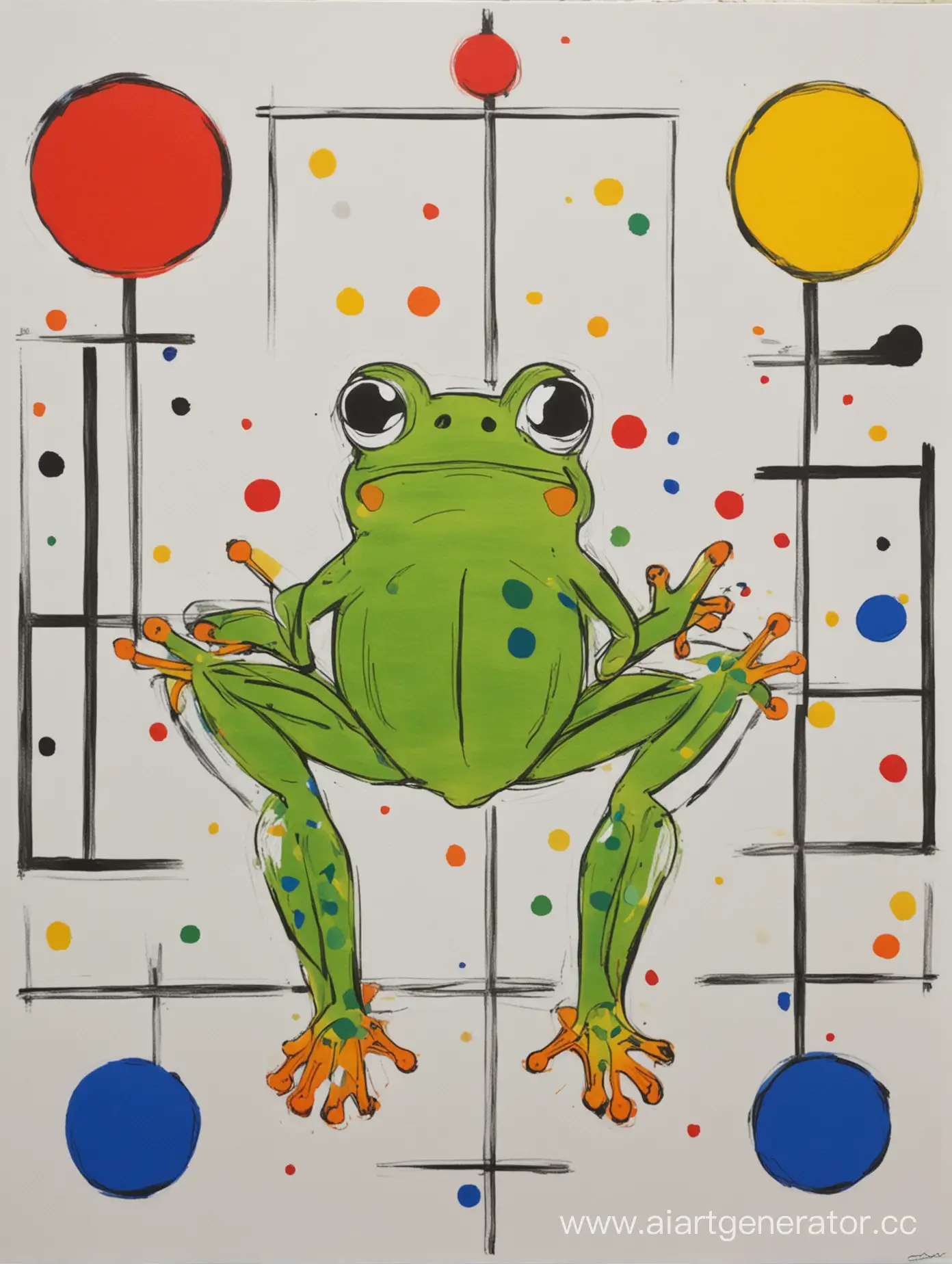 создай абстрактную картину с лягушкой в центре, нарисованной ребенком, в стиле конструктивизма вдохновившись Питом Модрианом и Яёй Кусама