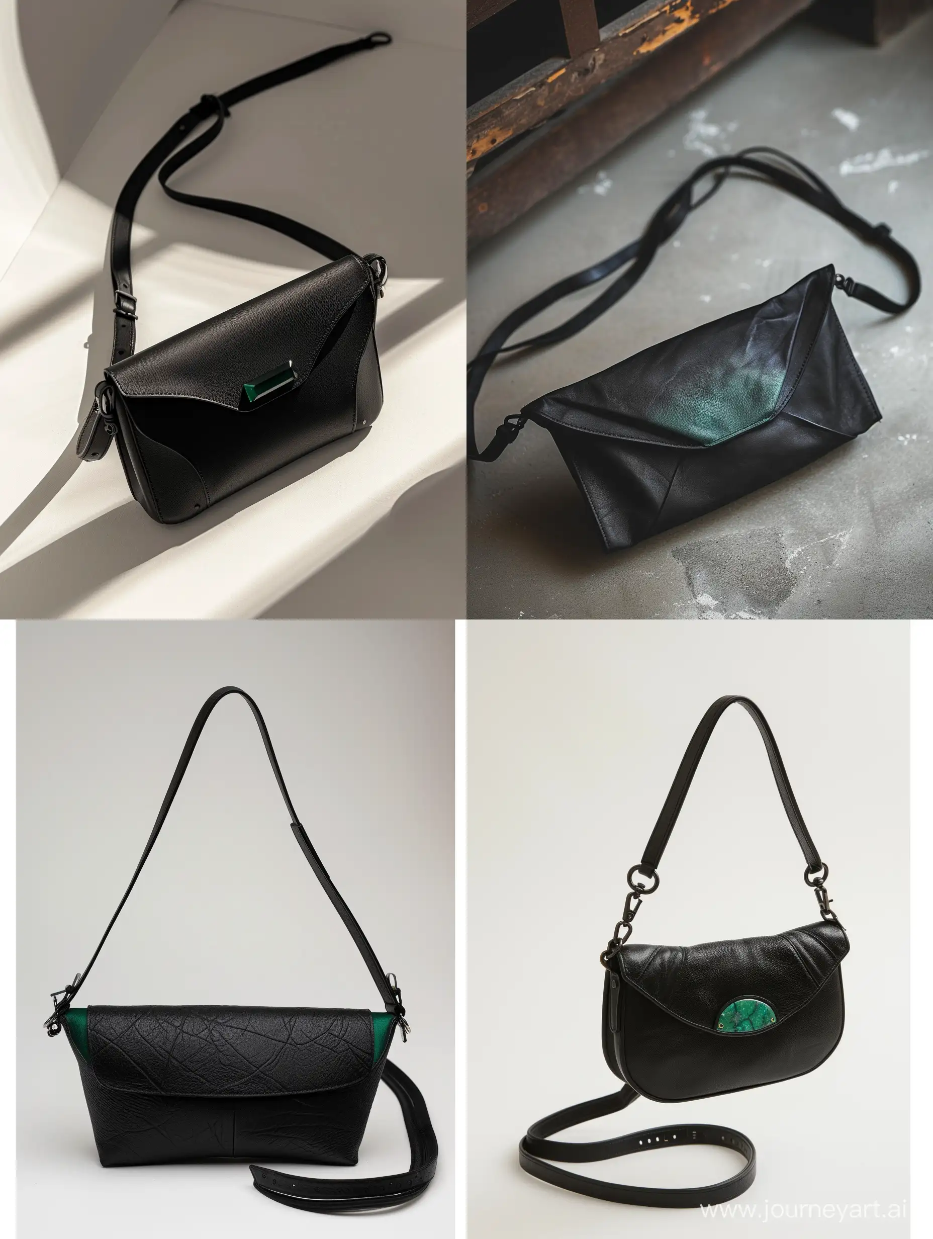 Фото черной сумки-багет из экокожи на длинном ремешке с одной дополнительной деталью изумрудного цвета